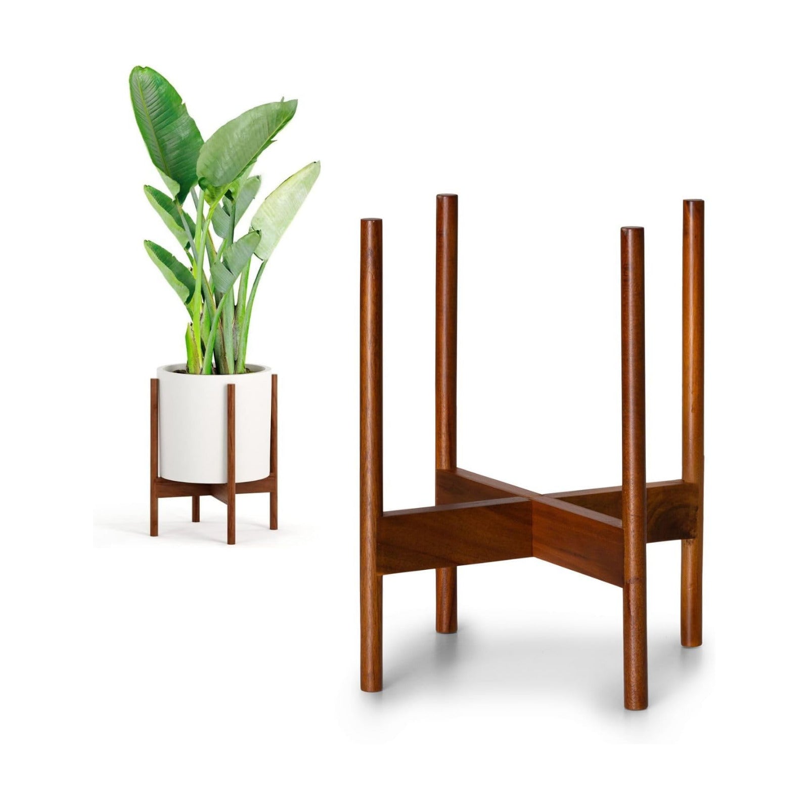 Fox & Fern Mid Century Plant Stands for Indoor Planters, Acacia, 11.8 Inch | Plug In Design, Holds 200 lbs, Two High