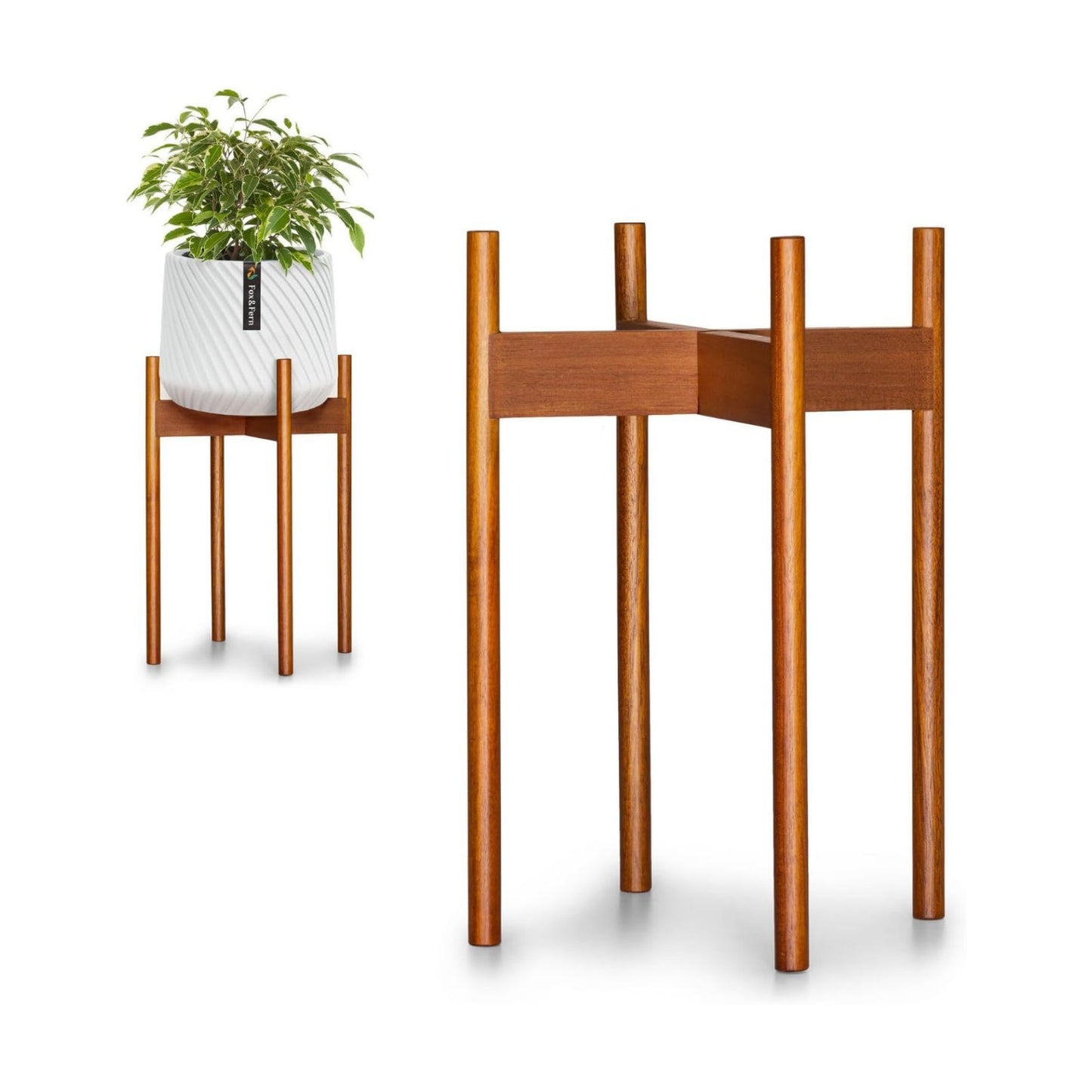 Fox & Fern Mid Century Plant Stands for Indoor Planters, Acacia, 10 Inch | Plug In Design, Holds 175 lbs, Two High