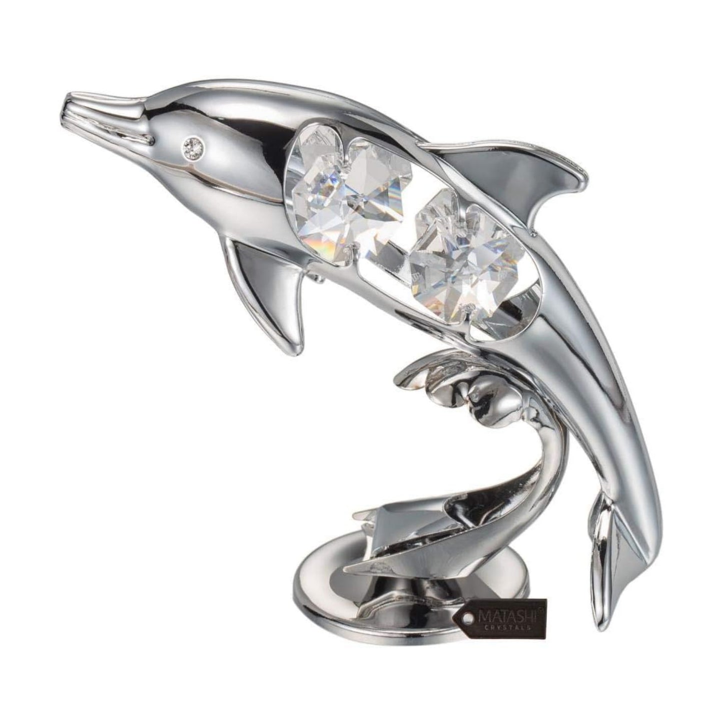 Chrome Plated Crystal Studded Dolphin Riding Wave Figurine Tabletop Ornament Decorative / Silver