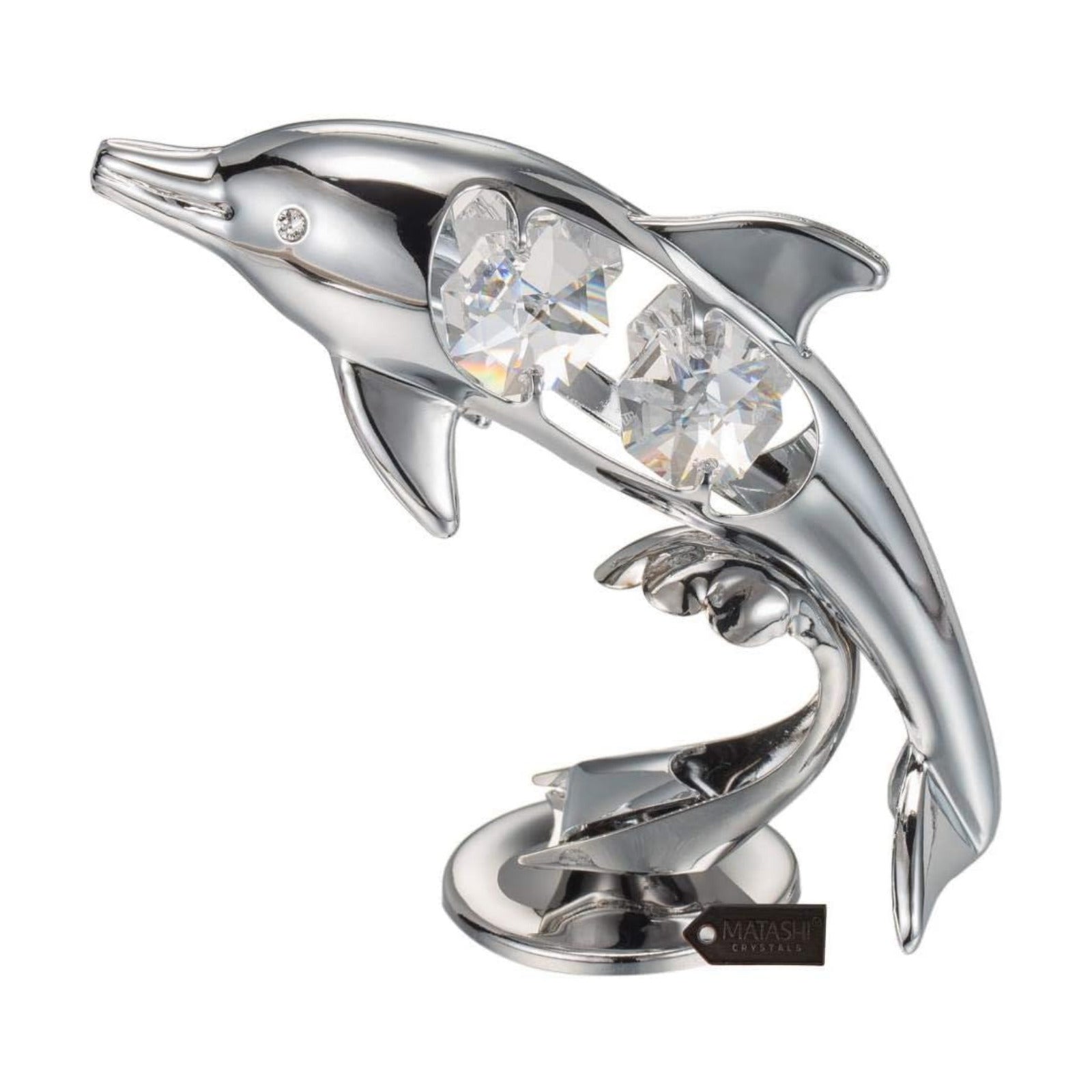 Chrome Plated Crystal Studded Dolphin Riding Wave Figurine Tabletop Ornament Decorative / Silver