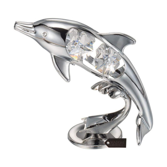 Chrome Plated Crystal Studded Dolphin Riding Wave Figurine Tabletop Ornament Decorative / Silver