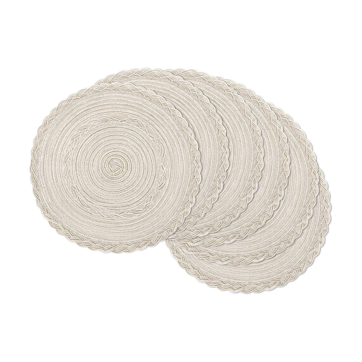 SHACOS Round Placemats Set of 6 Boho Braided Bordered Place Mats 15 inch for Dining Tables Wedding Holiday Party (Ivory Bordered, 6)