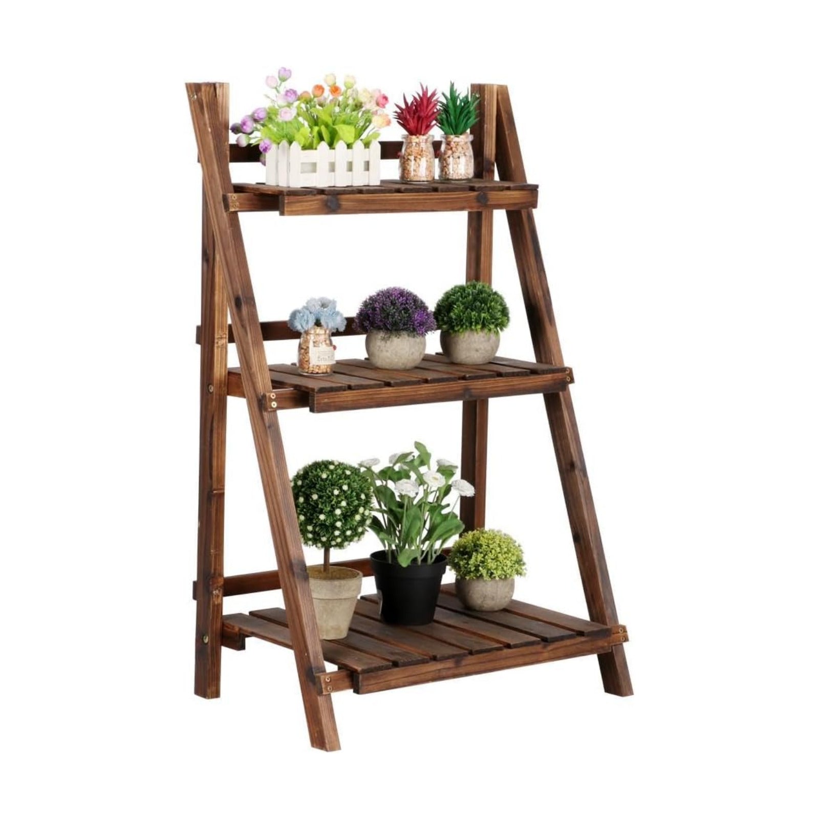 Yaheetech Wooden Plant Stand, 3-Tier Foldable Ladder Shelf, Indoor Outdoor | 23.6 x 15 x 36.6 in Plant Ladder for Pots
