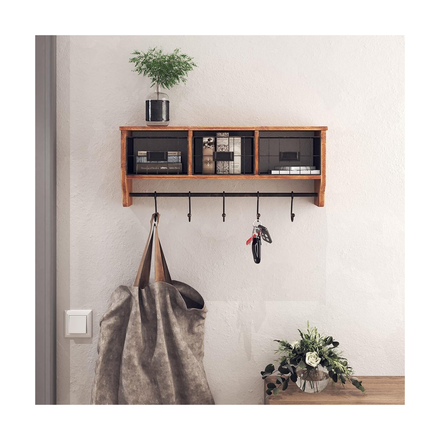 HBCY Creations Wall Mounted Shelf with Coat Hooks and Baskets, Solid Wood Entryway Organizer Wall Shelf with Hooks