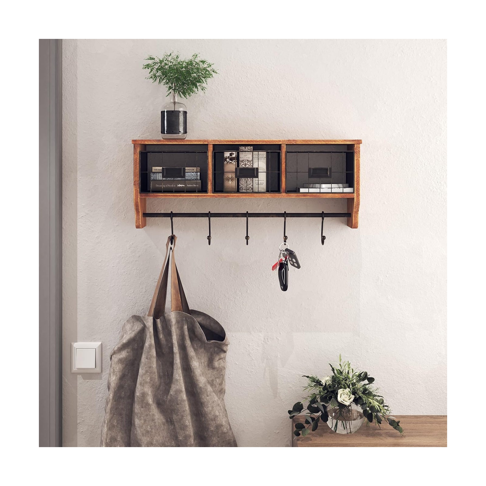HBCY Creations Wall Mounted Shelf with Coat Hooks and Baskets, Solid Wood Entryway Organizer Wall Shelf with Hooks