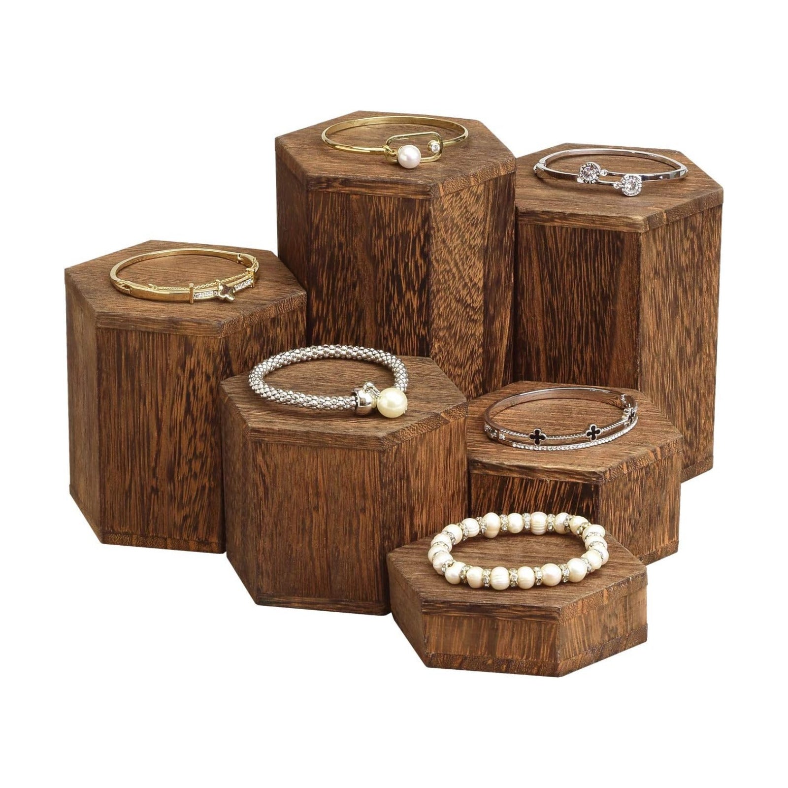 Wooden Hexagon Risers for Display Jewelry and Accessories Display Stand / Brown / Set of 6