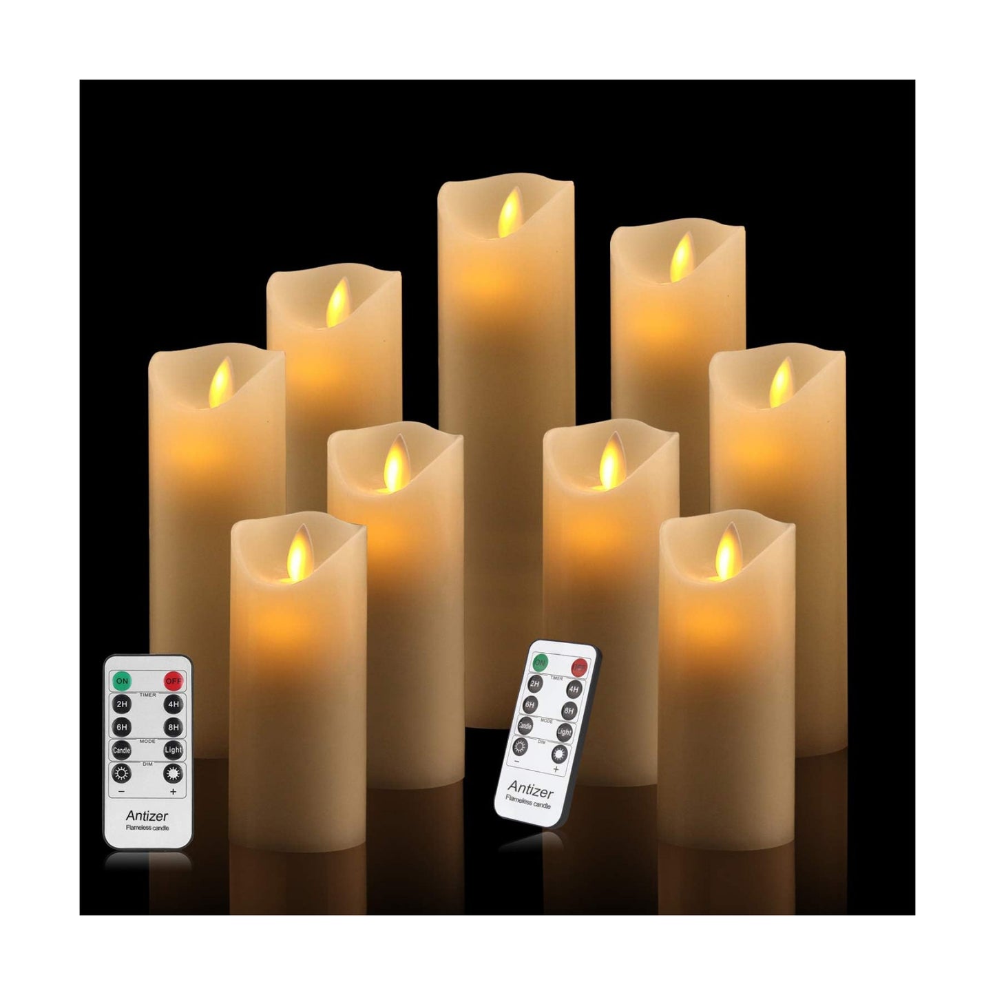 Flameless Candles Set of 9 Ivory Dripless Real Wax Pillars Include Realistic Dancing LED Flames and 10-Key Remote