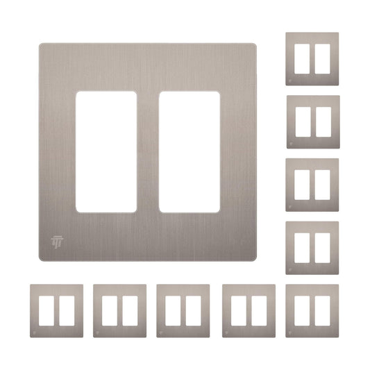 ENERLITES 2-Gang Brushed Nickel Screwless Decorator Wall Plate Outlet Cover | 10 Pack, Size 4.68" x 4.73", Fits light