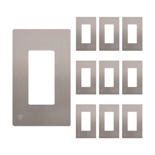 ENERLITES 1-Gang Brushed Nickel Screwless Decorator Wall Plate Outlet Cover | 10 Pack, Size 4.68" x 2.93", Fits light