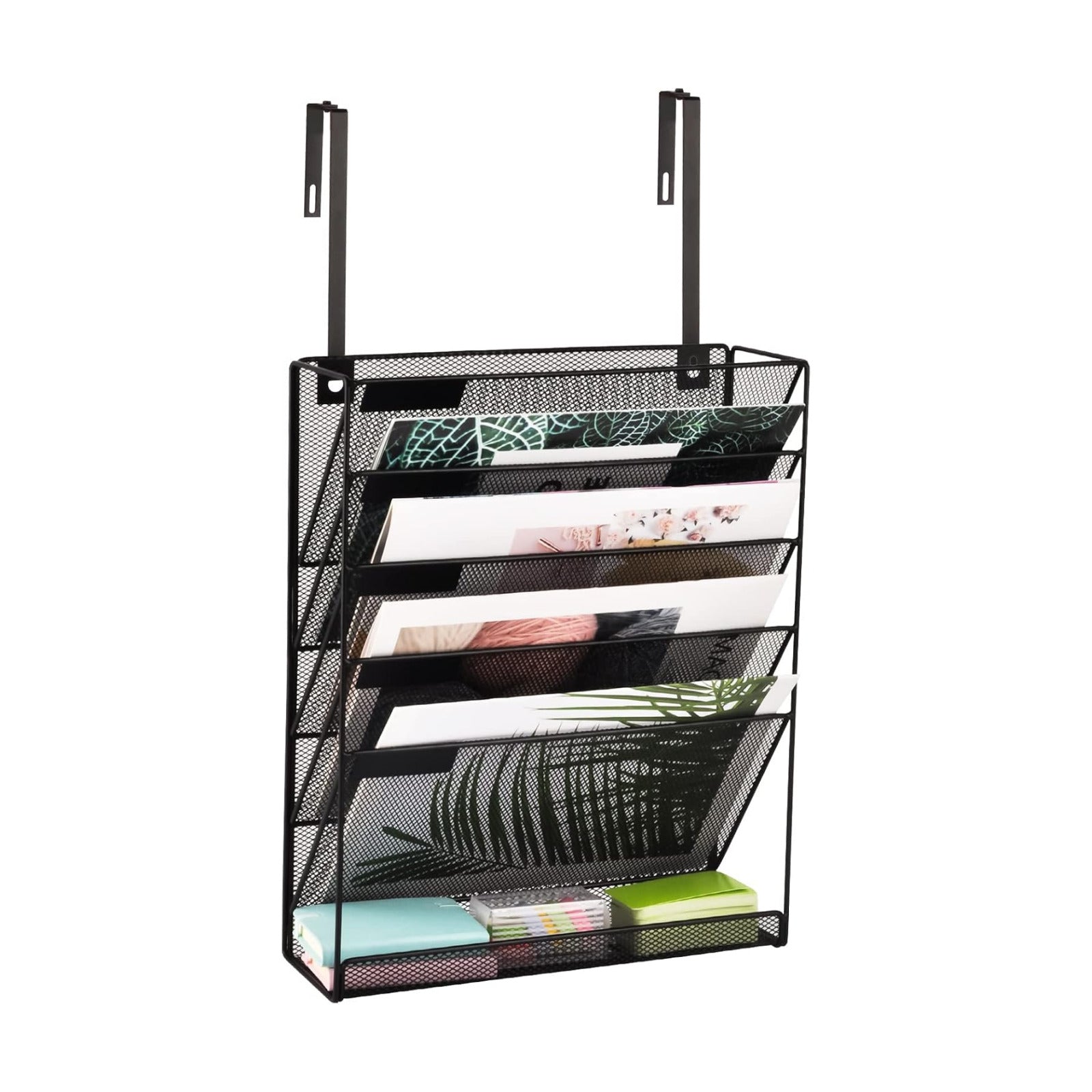 Desk File Organizer Mesh 6-Tier with Hangers, Hanging Wall Mount Document Organization Stand, Desktop Vertical Mail