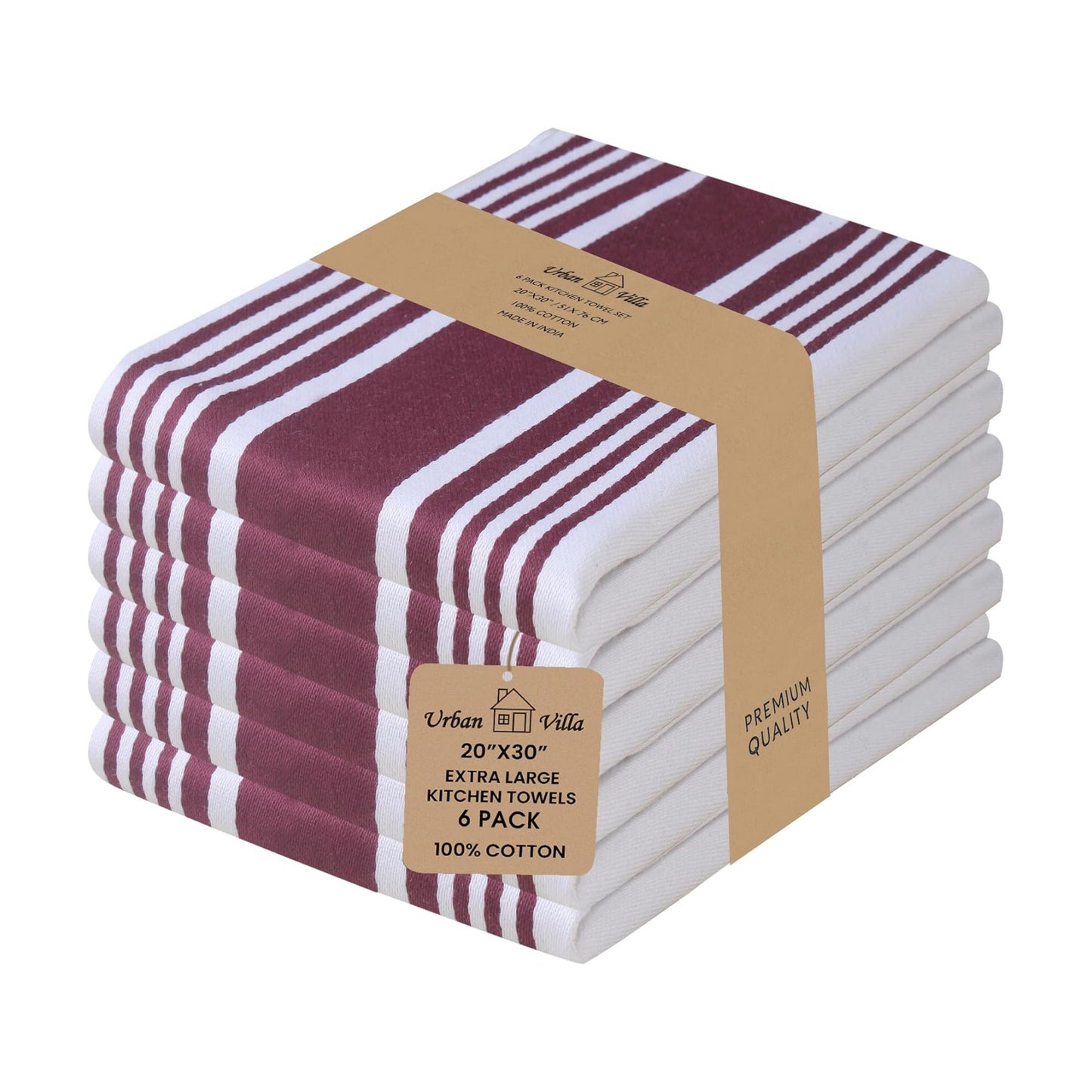 Urban Villa Kitchen Towels Cotton Dish Towels 20”x30” (Set of 6) Wine Wht