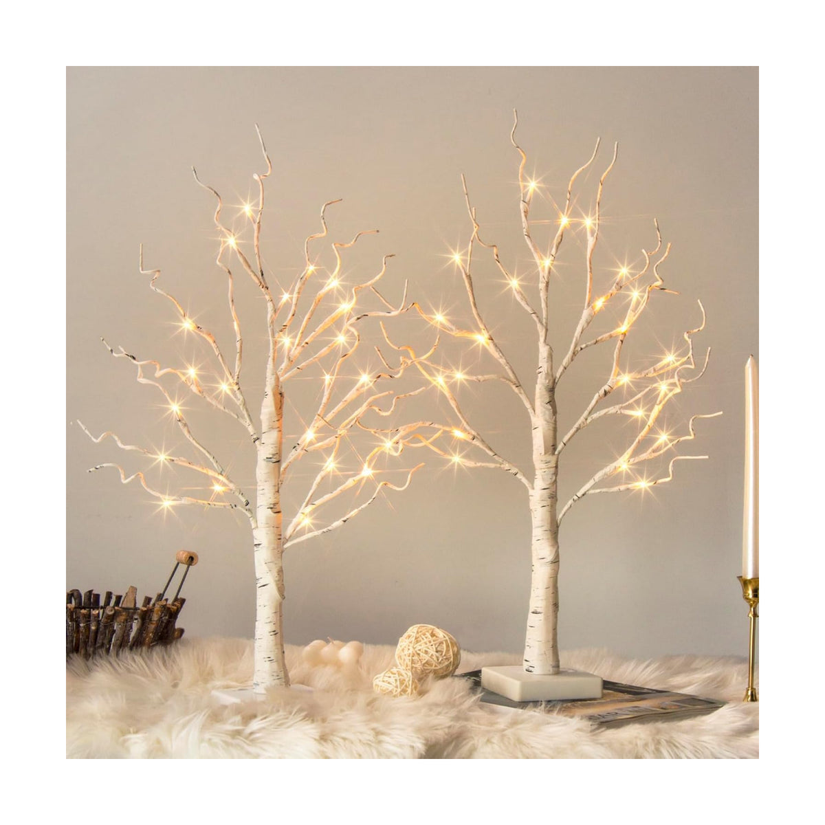 Vanthylit White Birch Tree with LED Lights - Set of 2, Tabletop Tree with Timer, Christmas Decorations Lighted Tree for Indoor Mantel Home Decor (2 FT, 24 LED)