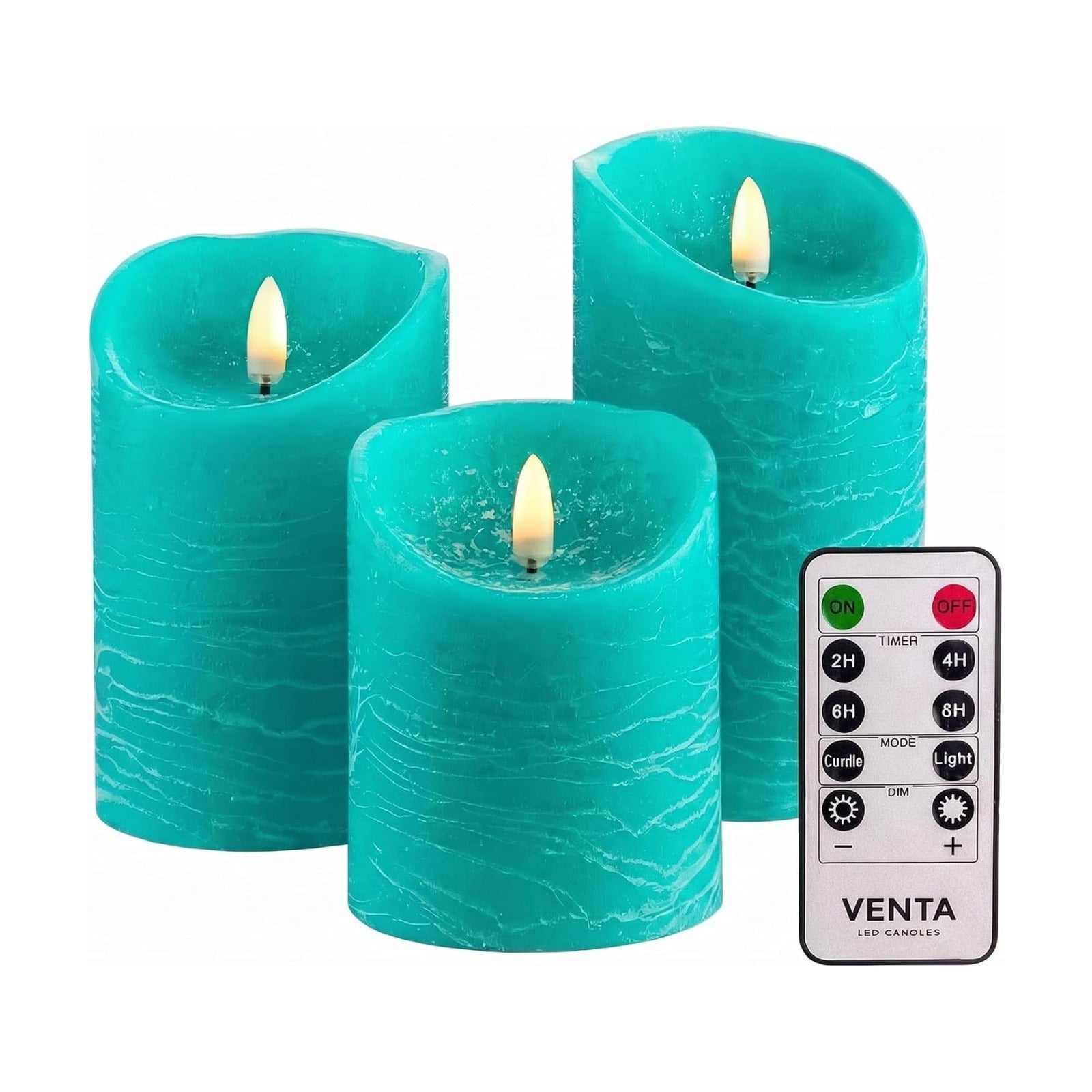 VENTA Turquoise Real Wax Flameless Candles, Set of 3 | Realistic Teal LED Pillar Candles with Remote & Timer | Perfect