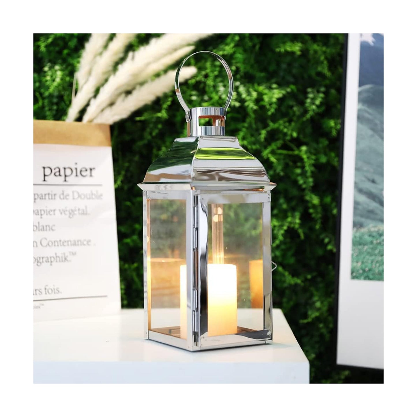 JHY DESIGN Silver Decorative Lanterns 12.5''High Stainless Steel Candle Lanterns with Tempered Glass for Indoor Outdoor