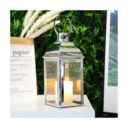 JHY DESIGN Silver Decorative Lanterns 12.5''High Stainless Steel Candle Lanterns with Tempered Glass for Indoor Outdoor