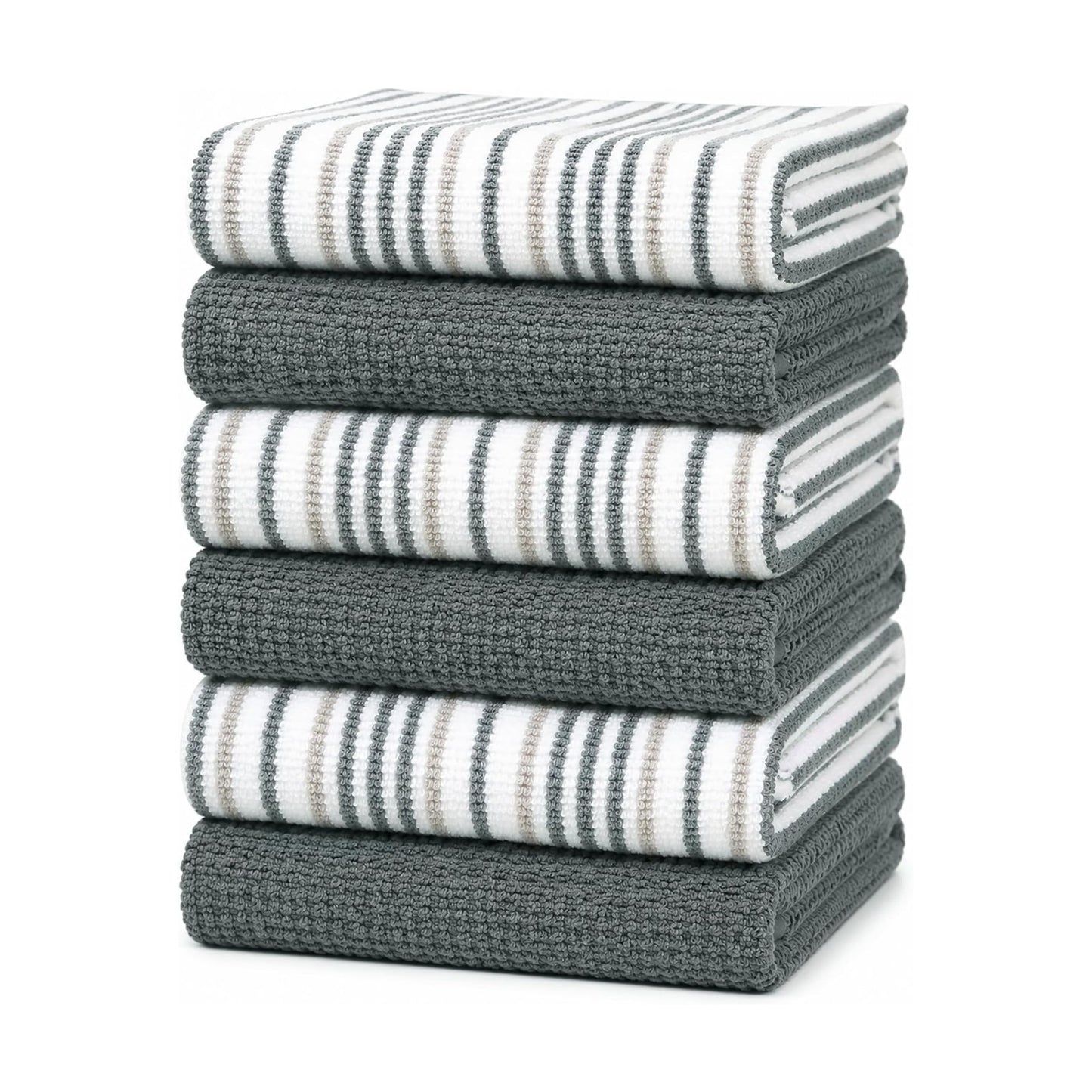 Bumble Kitchen Towels 6 Pack 100% Cotton 16"x26" - Grey Wide Stripe | 430 GSM Soft Kitchen Hand Towels with Hanging