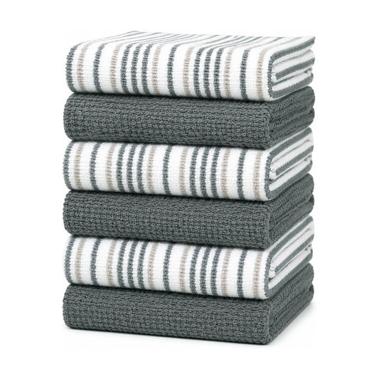 Bumble Kitchen Towels 6 Pack 100% Cotton 16"x26" - Grey Wide Stripe | 430 GSM Soft Kitchen Hand Towels with Hanging