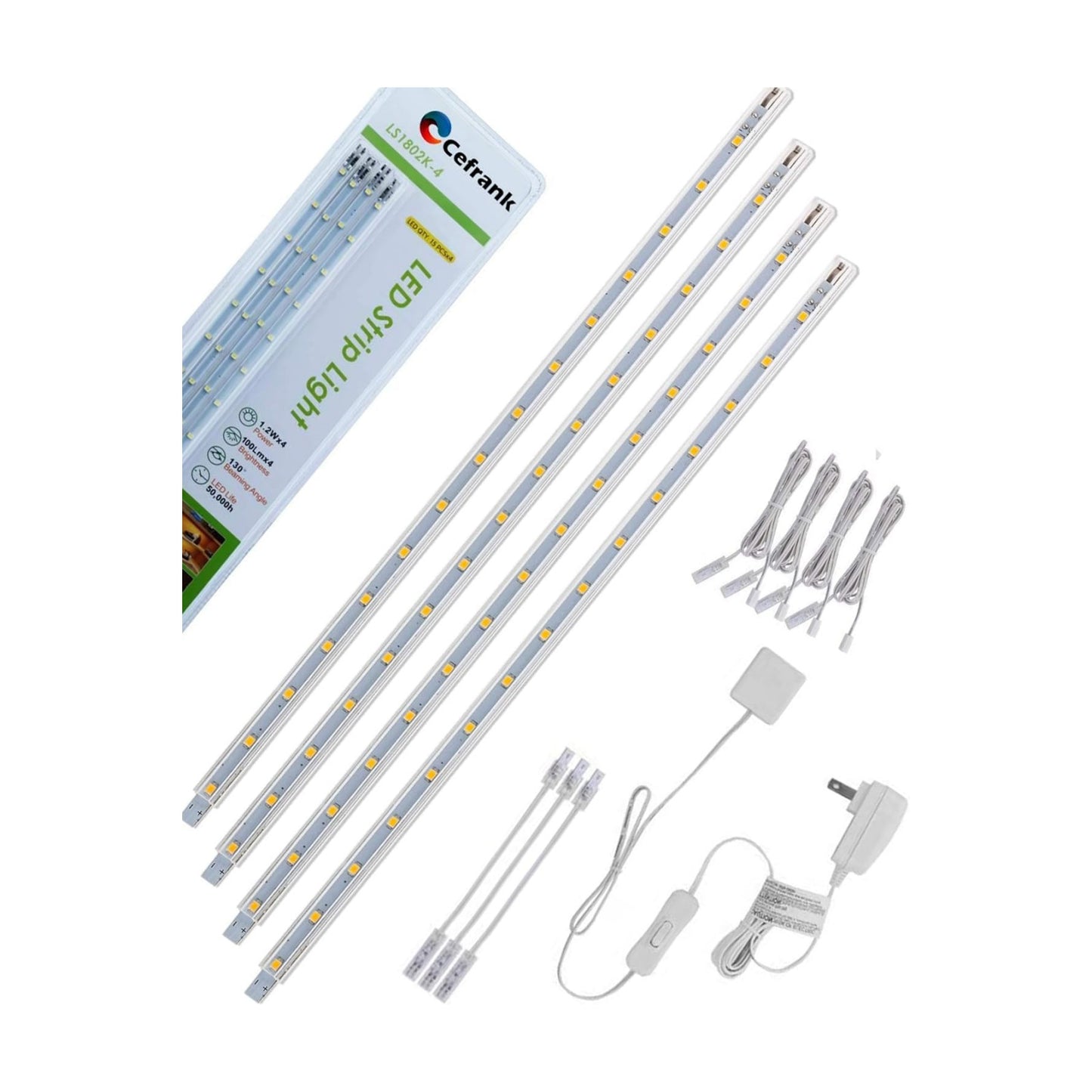 LED Display Light Bar Kit - (4) 16inches Plug-in Linkable Strip Lights for Large Display Cabinet - Series + Parallel