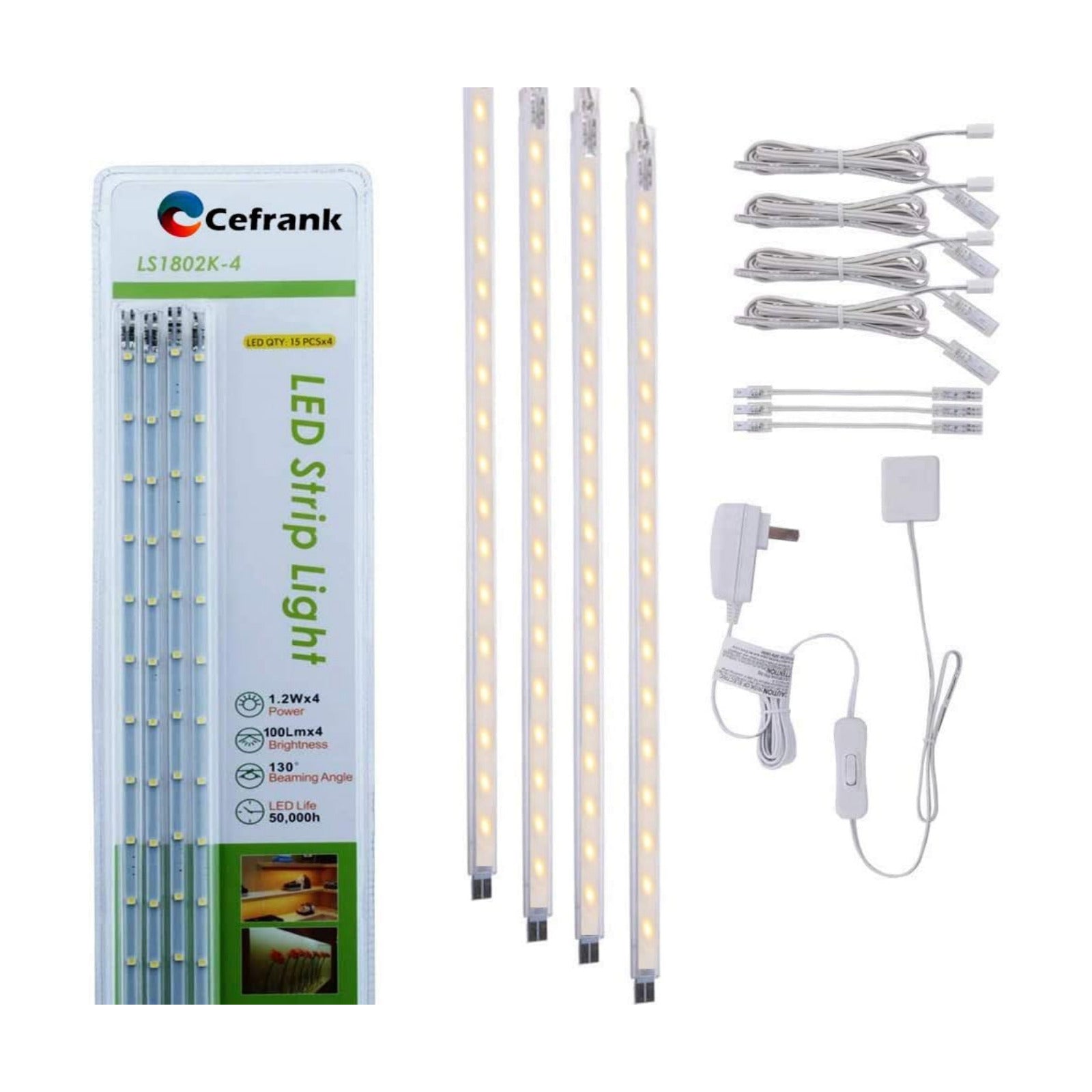 Cefrank Display Lights, 16" LED Light Bar, 4-Pack Linkable Warm White Kit | Ultra Thin Plug in Light Bar for Bookshelf