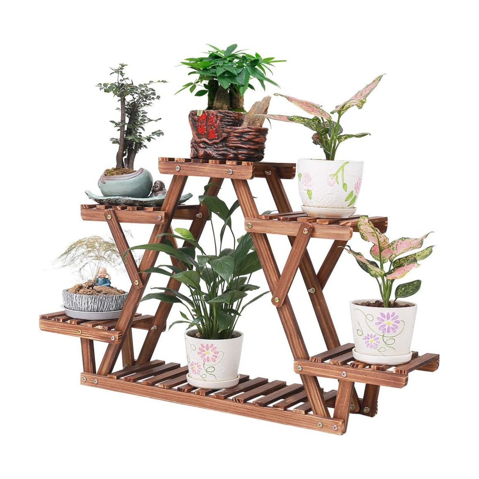 Wood Plant Stand for Multiple Plants Shelf Indoor 6 Tiered Triangle | A Shape Corner Flower Pot Holder Rack for