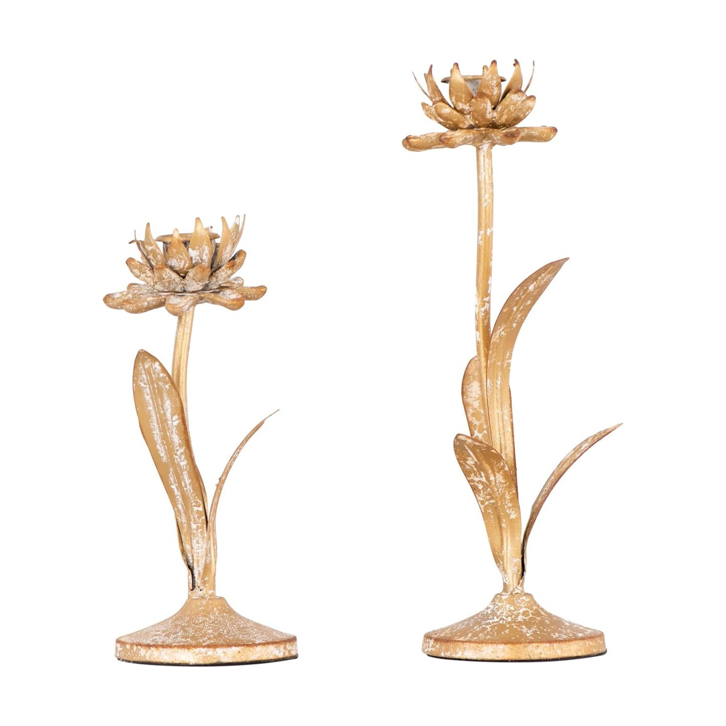 Creative Co-Op Cut Metal Flower Shaped Taper Candle Holder in Distressed Gold Finish (Set of 2 Sizes)