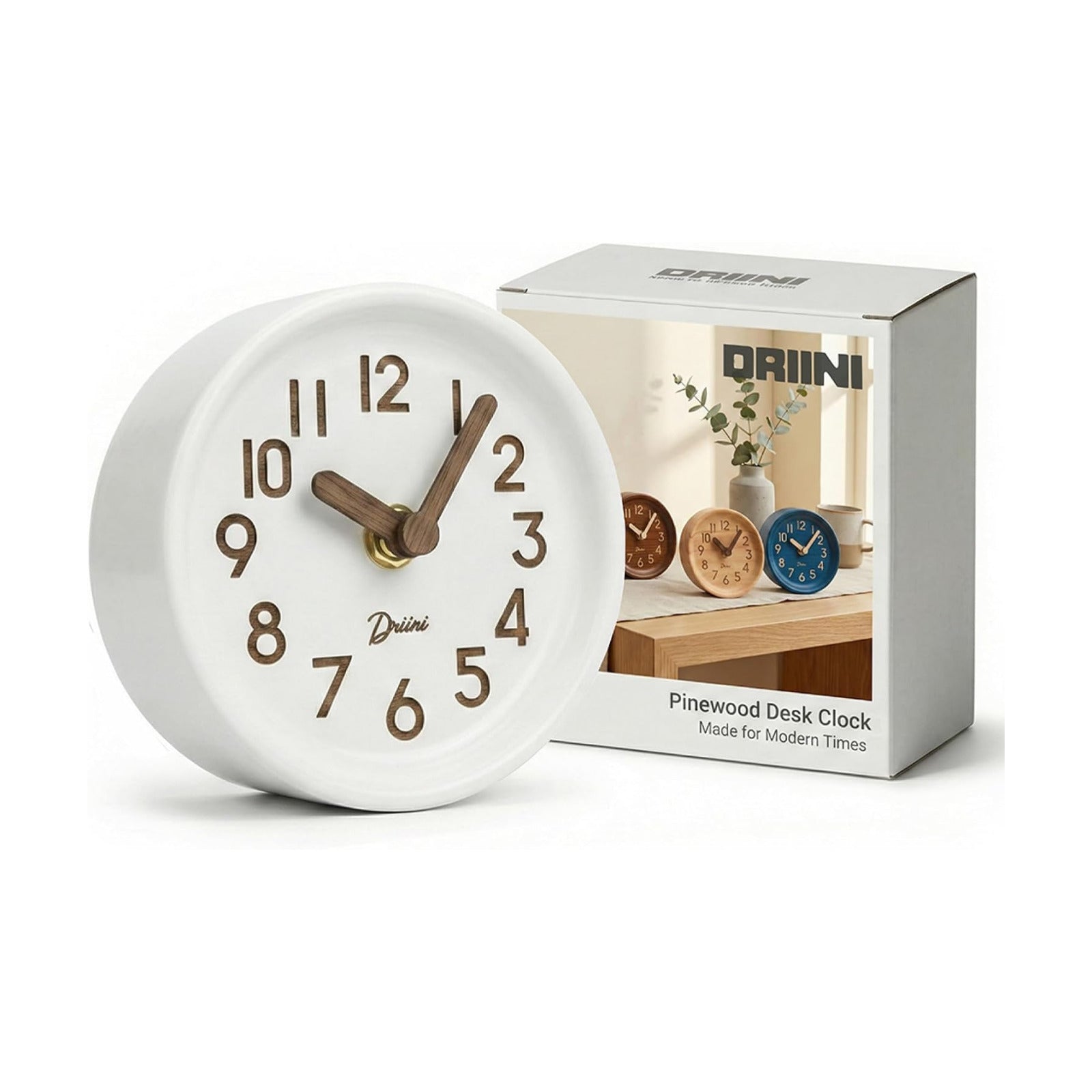 Driini Wooden Analog Desktop Clock – 4.3 in. Decorative Pinewood, No-Tick Design – Easy to Read Silent Sweep Mantle