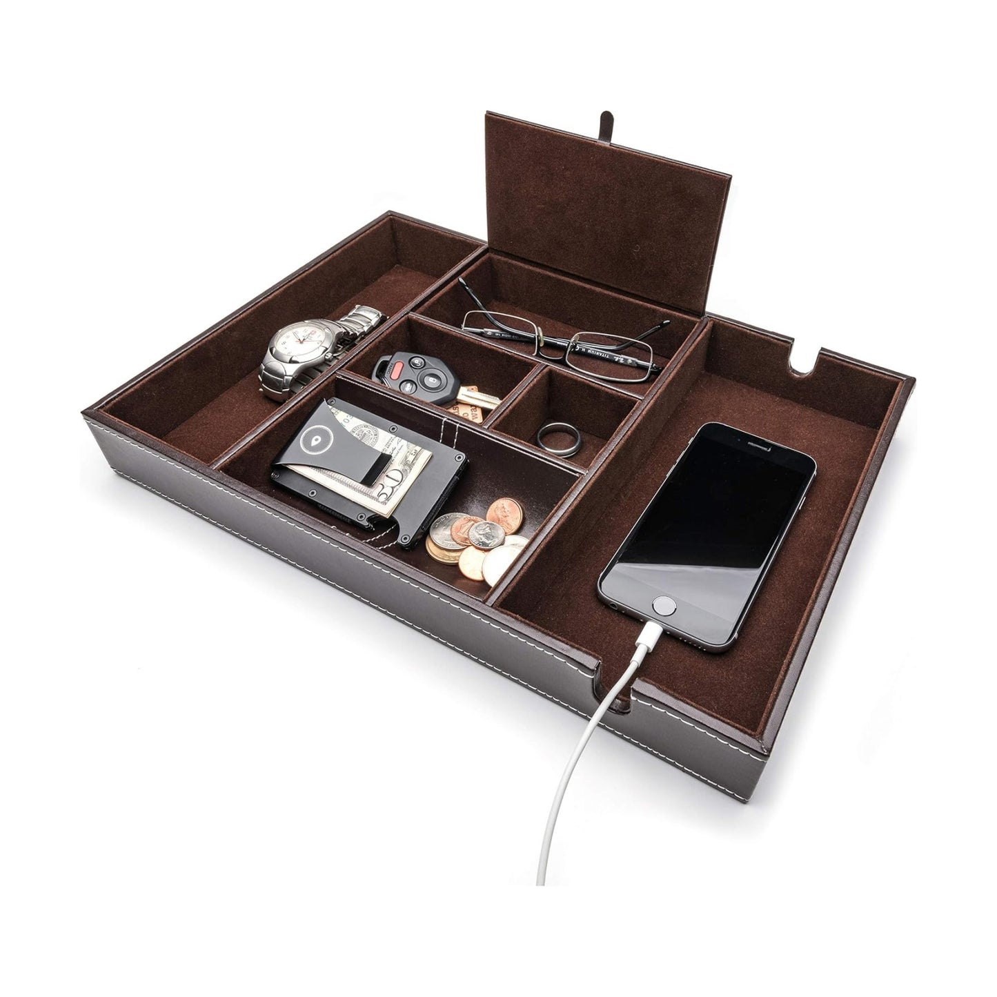 ULTRAY Nightstand Organizer, Valet Tray for Men and Women, EDC Tray, Dresser Top Catchall, Dark Brown Faux Leather, 6