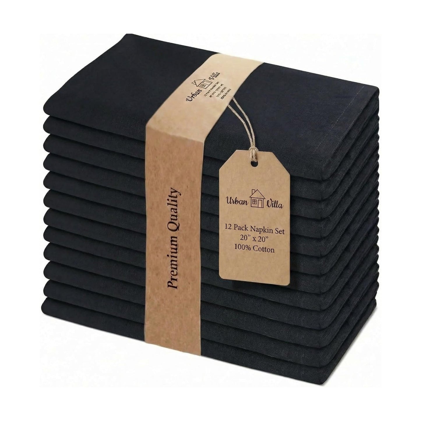 Urban Villa Cloth Napkins Cotton 20x20 (Set of 12) Black