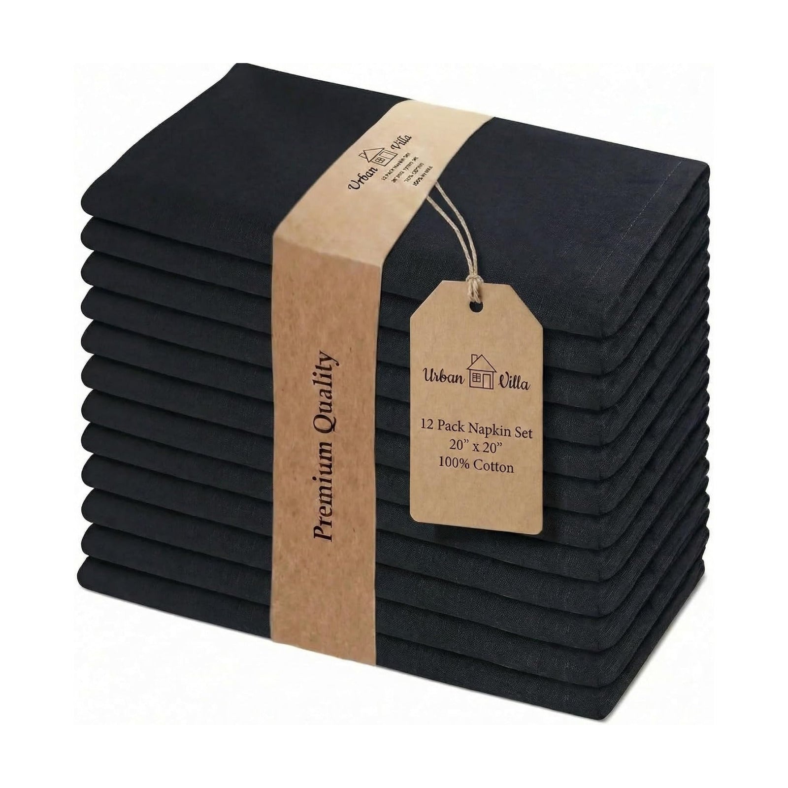 Urban Villa Cloth Napkins Cotton 20x20 (Set of 12) Black