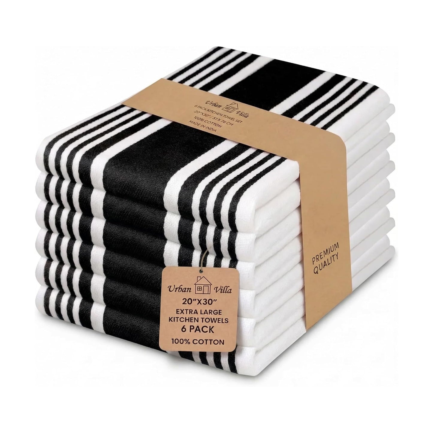 Urban Villa Kitchen Towels Cotton Dish Towels 20”x30” (Set of 6) Black
