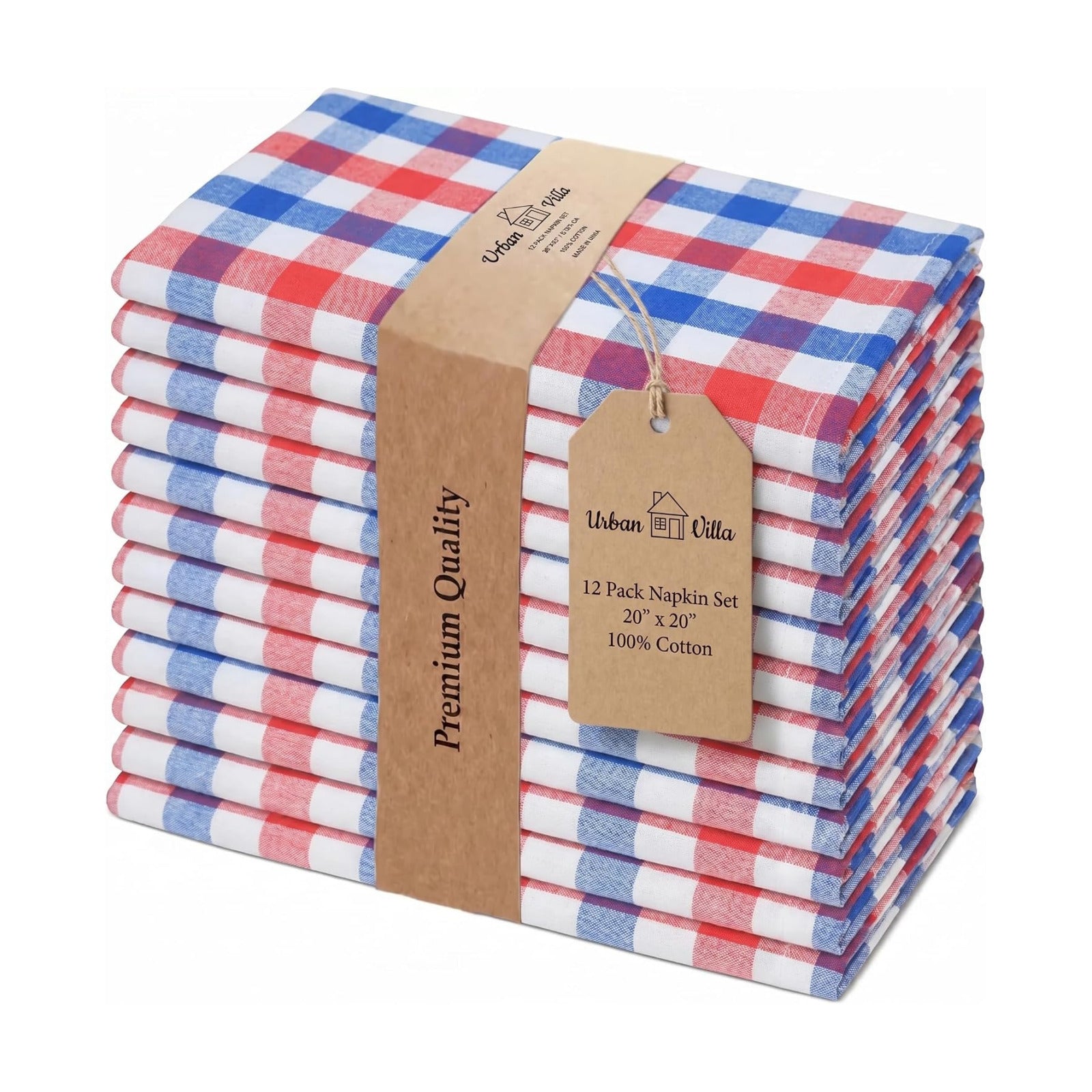 Urban Villa Cloth Napkins July4th 20x20 (Set of 12) Red/Blue