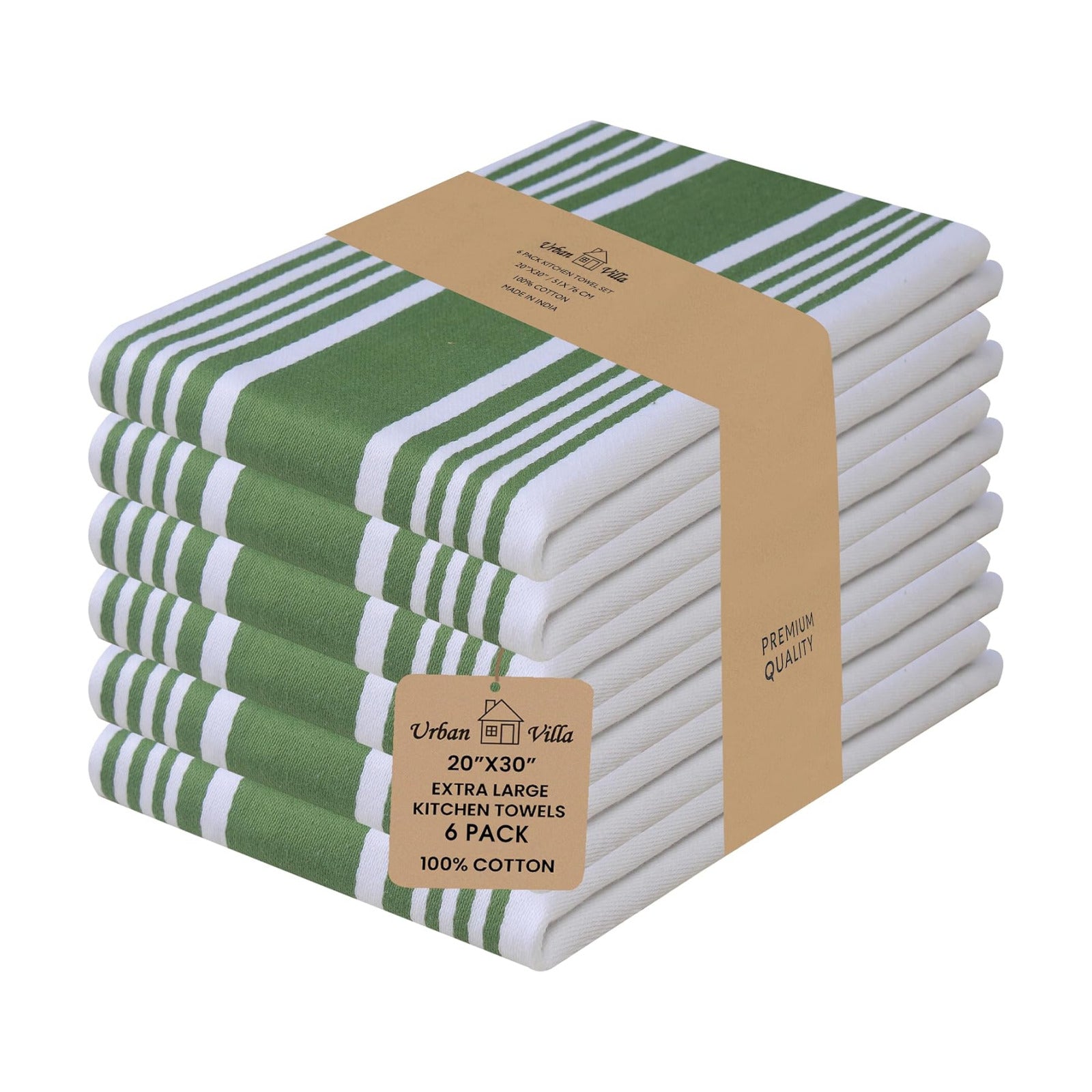 Urban Villa Kitchen Towels Cotton Dish Towels 20”x30” (Set of 6) Green Wht