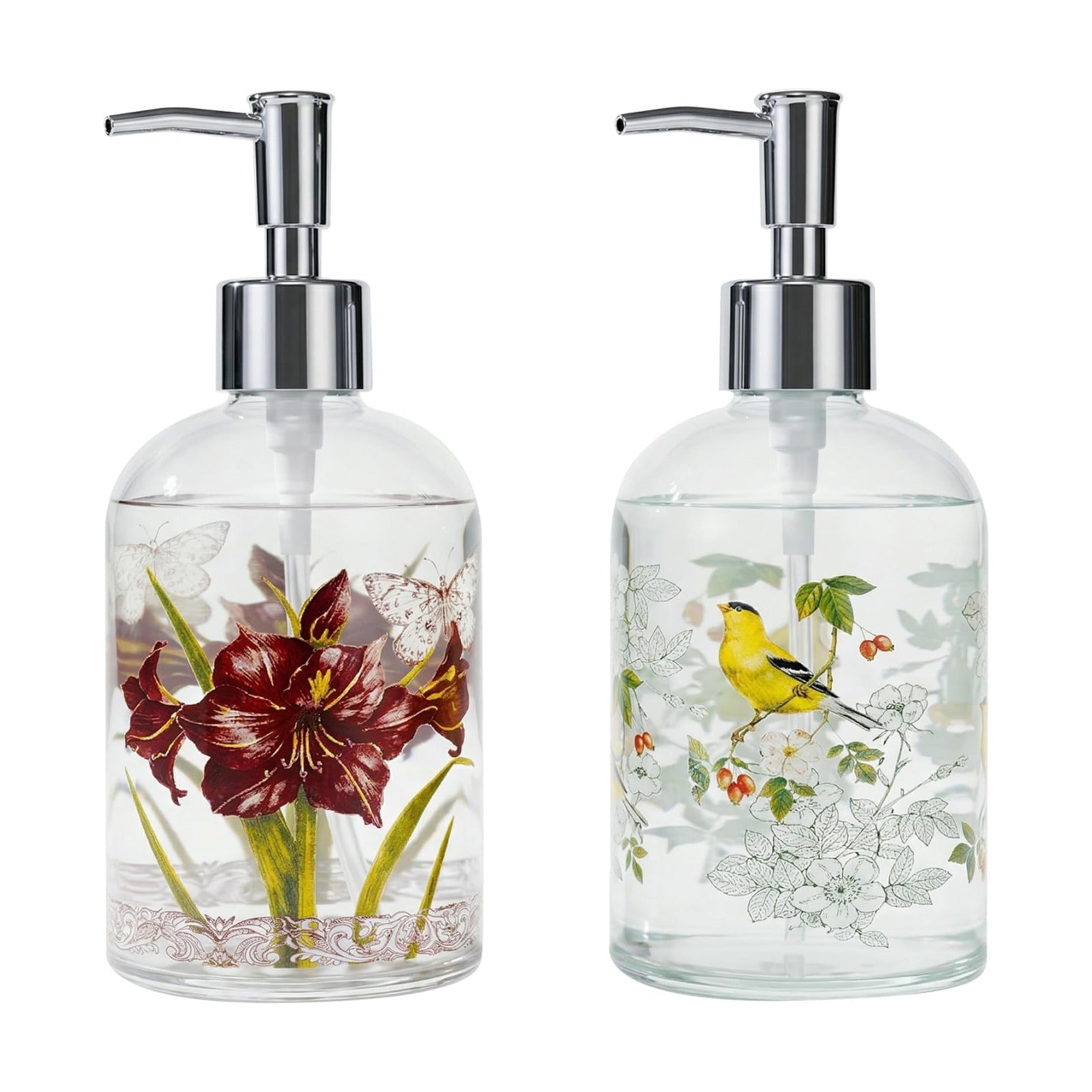 Topadorn Glass Soap Dispenser Set, Hand & Dish Soap Bottles with Pump | 2 Pack Botanical Glass Bottles • Vintage Floral