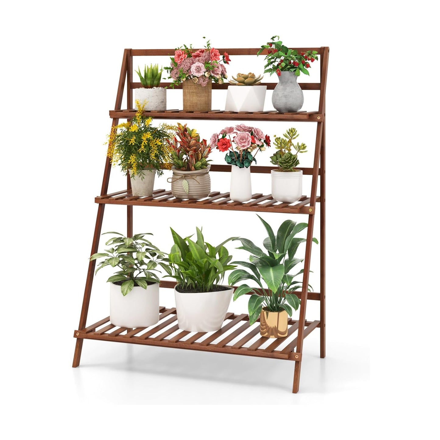 COSTWAY Bamboo Plant Stand, Foldable Multifunctional Flower Display Ladder Shelf, 3-Tier Storage Rack