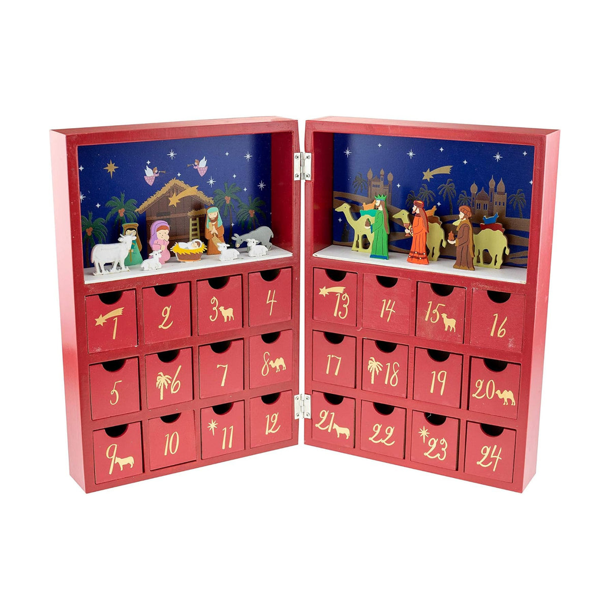Clever Creations Wooden Nativity Advent Calendar | Book-Style Christmas Countdown with 24 Drawers | Hand-Painted Nativity Scene Figurines | Reusable Holiday Decoration | Freestanding Design