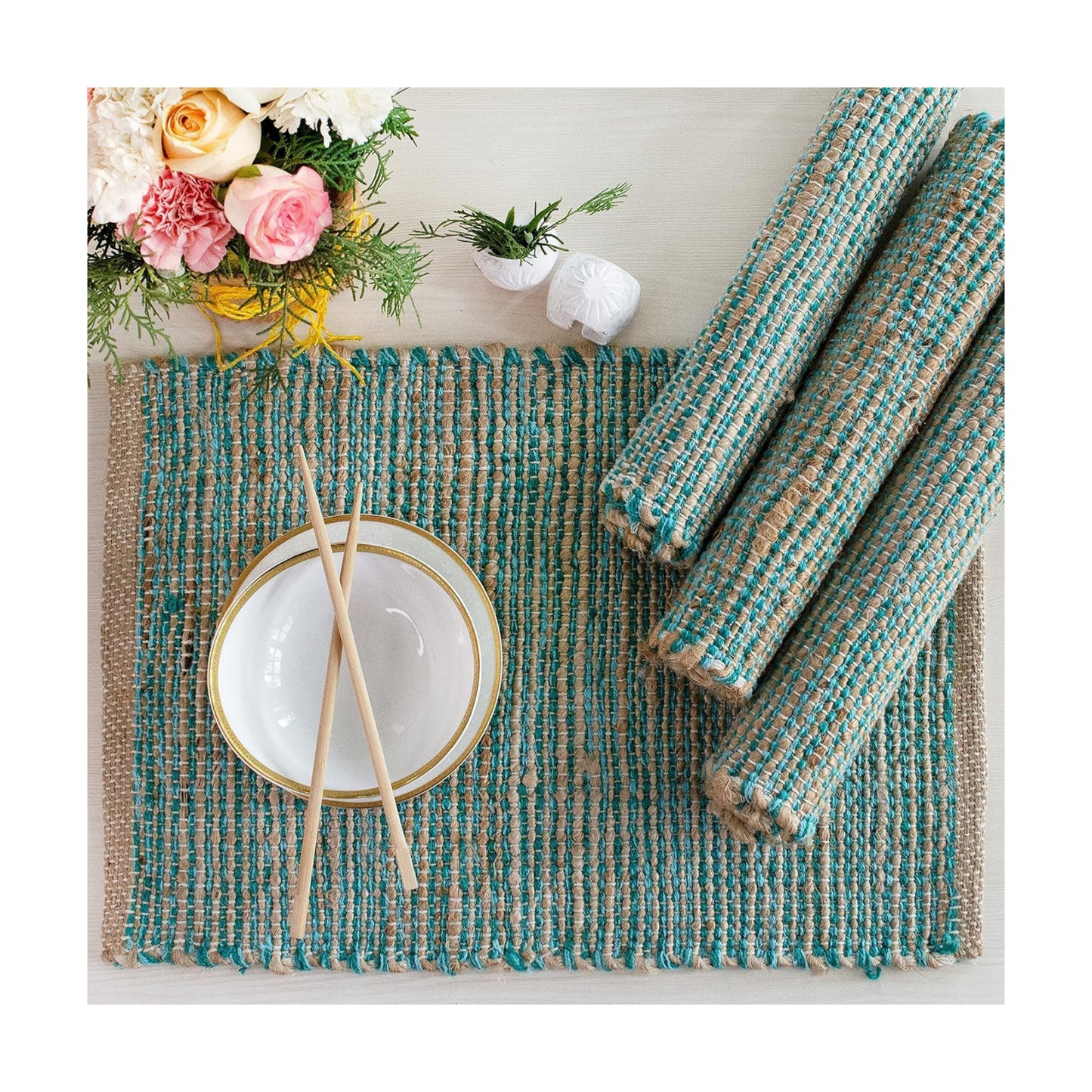 Natural Jute & Aqua Turquoise Placemats, Set of 4 – Rustic Handmade Boho Table Mats, 13x19 in Dining Table Placemats