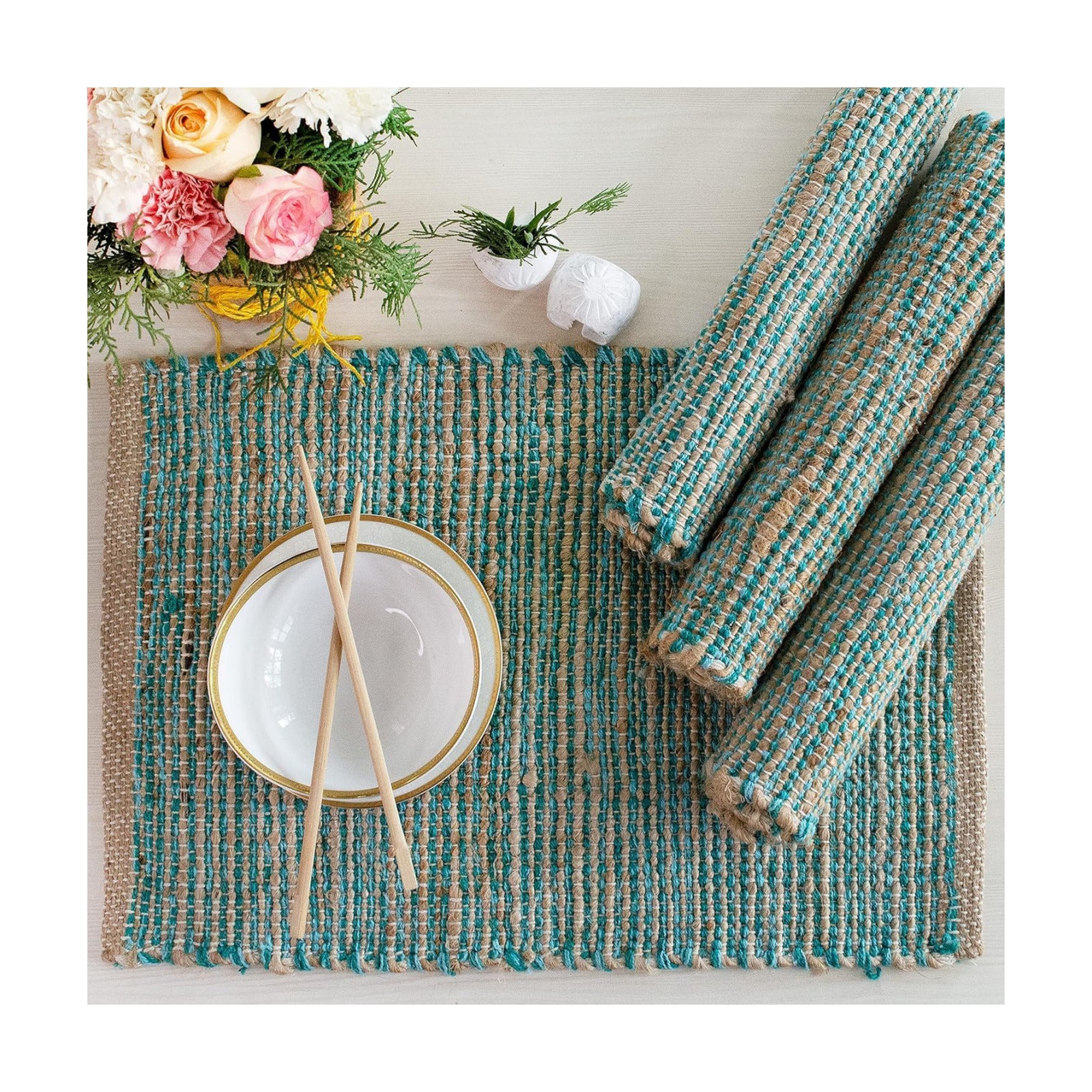 Natural Jute & Aqua Turquoise Placemats, Set of 4 – Rustic Handmade Boho Table Mats, 13x19 in Dining Table Placemats