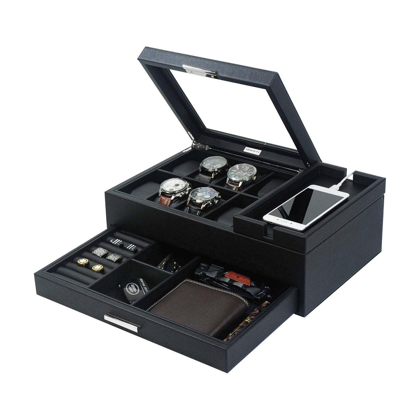Mens Jewelry Box Organizer with Charging Station - Valet Tray with Drawer for Watch, Wallet, Sunglasses, Keys