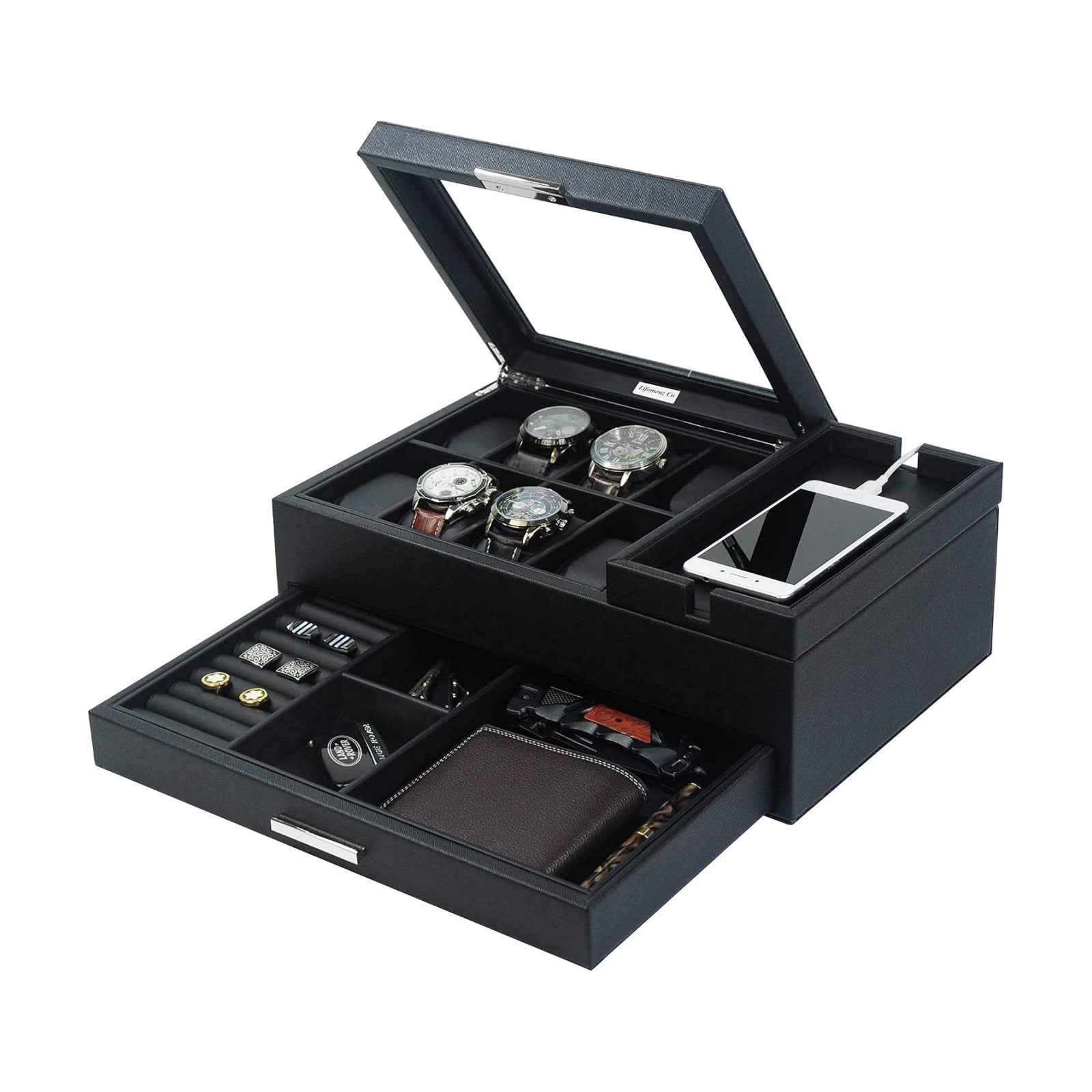 Mens Jewelry Box Organizer with Charging Station - Valet Tray with Drawer for Watch, Wallet, Sunglasses, Keys