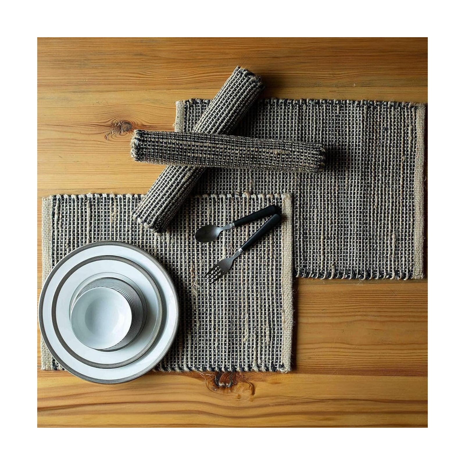 Natural Jute & Black Placemats, Set of 4 – Rustic Handmade Boho Table Mats, 13x19 Inch Dining Table Placemats for