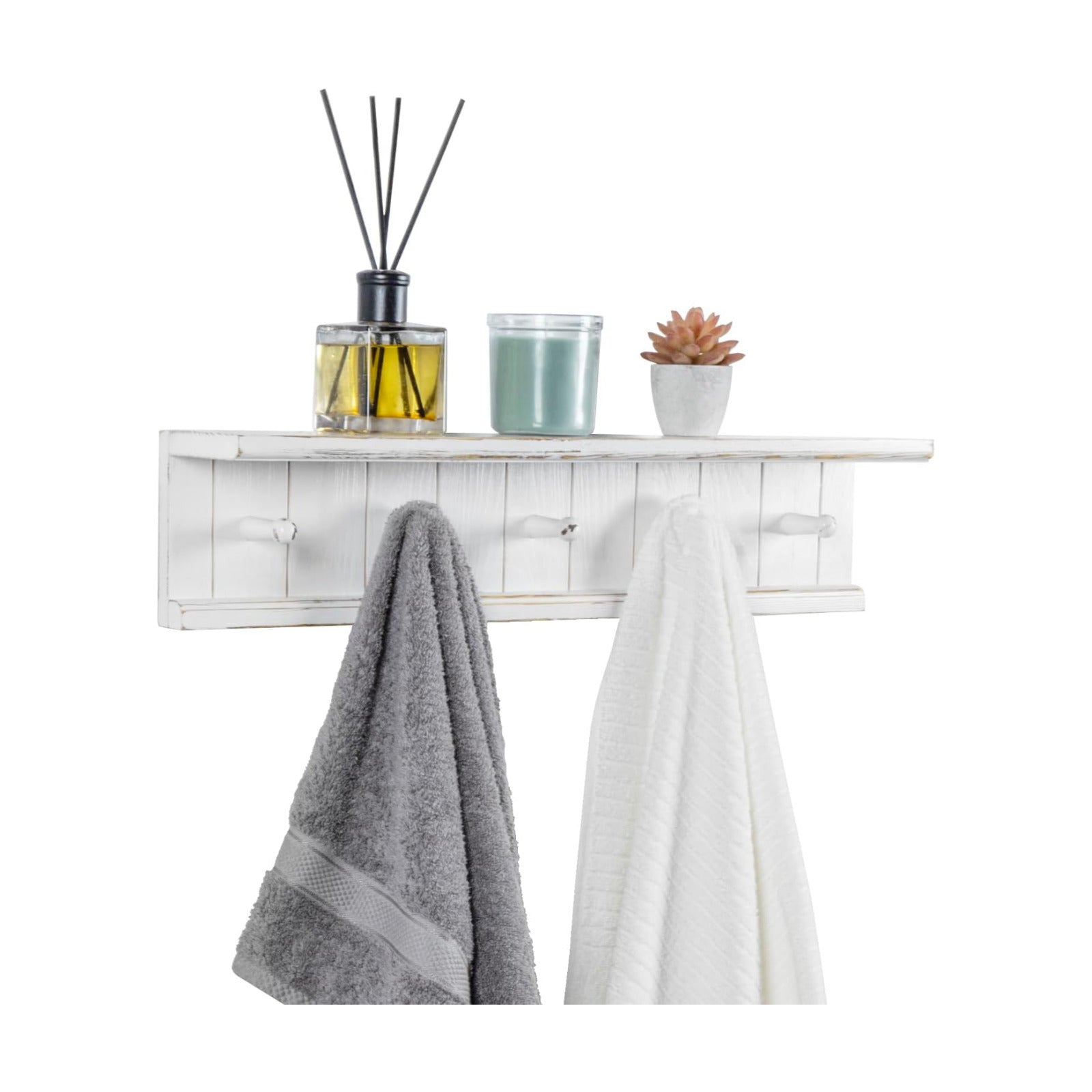 MyGift Wall Mounted White Wood Bathroom Shelf with 5 Hooks Towel Rack | Open Display Shelving with Five Hanging Pegs