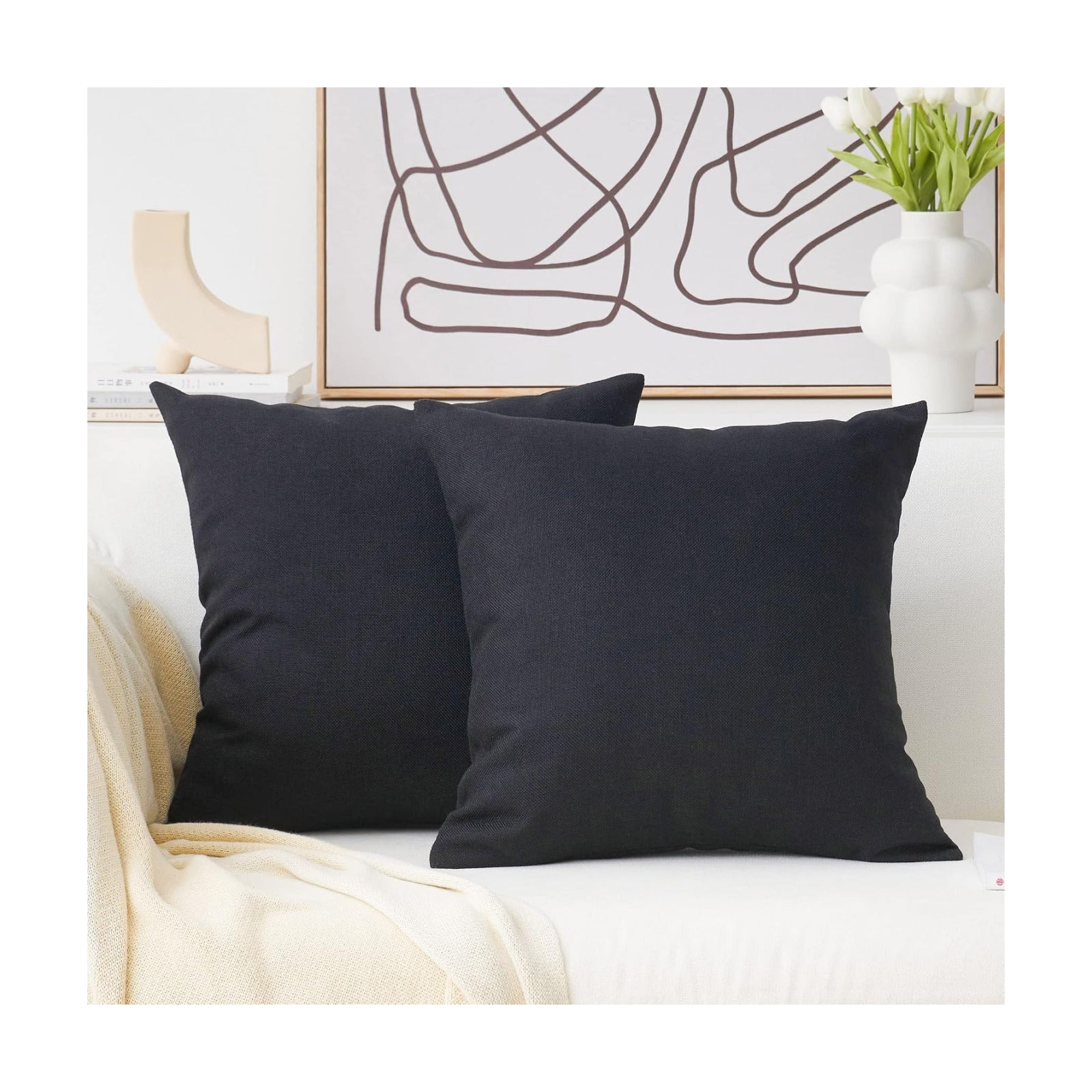 Pillows Covers Lined Linen Throw Pillow Covers for Bed Couch Sofa / 18 x 18 / Black / Set of 2