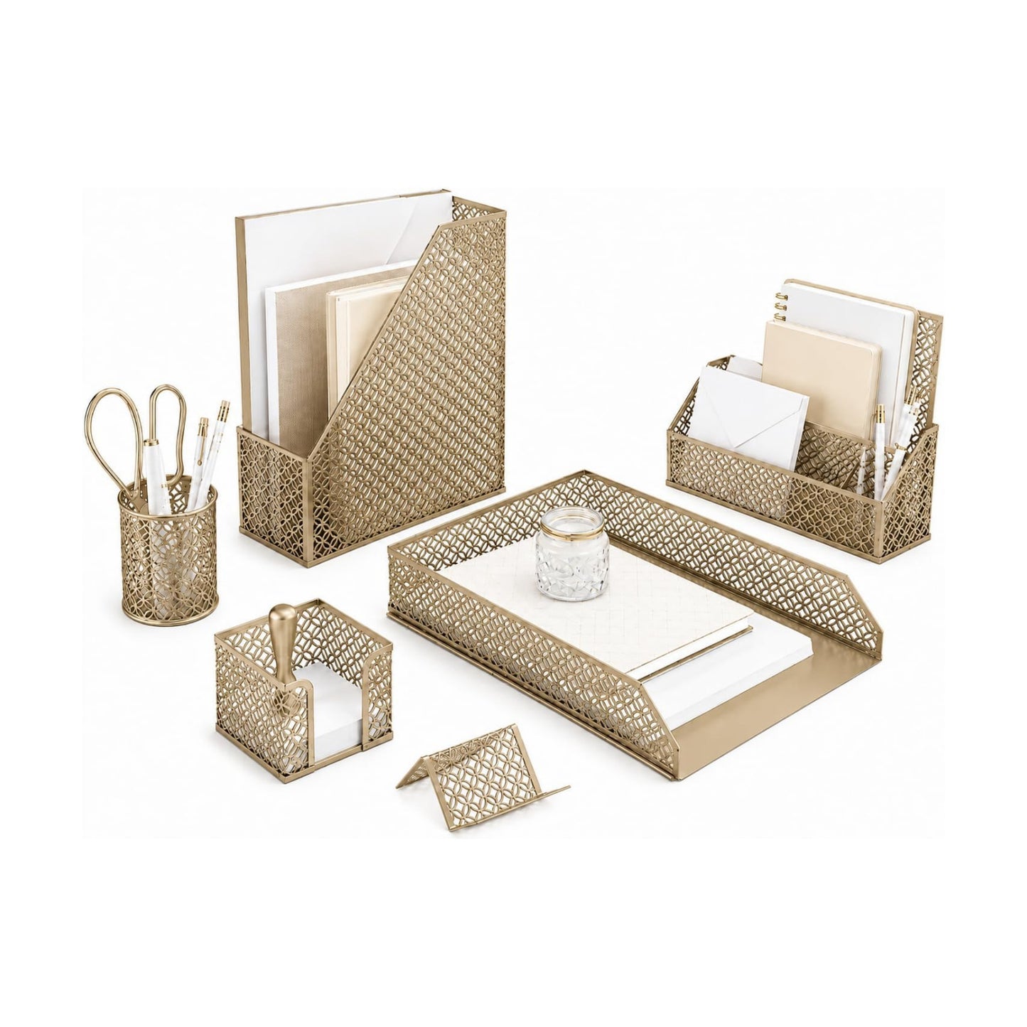 BLU MONACO | Gold Desk Organizer Set with Mail Sorter, Sticky Note Holder, Pen Cup, Magazine Holder, Letter Tray &