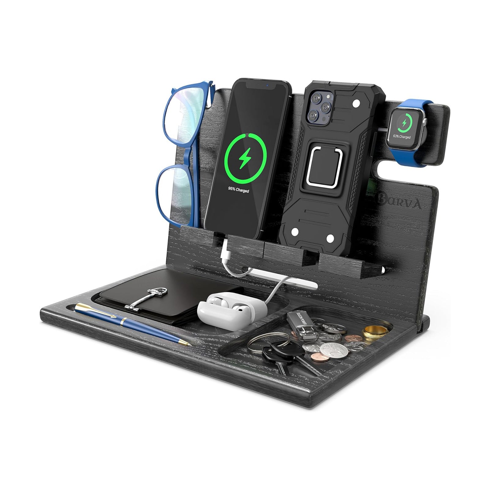 BarvA Two Phone Docking Station | Night Stand Desk Organizer | Wood Nightstand Organizer | Tablet Smart Watch Earbuds