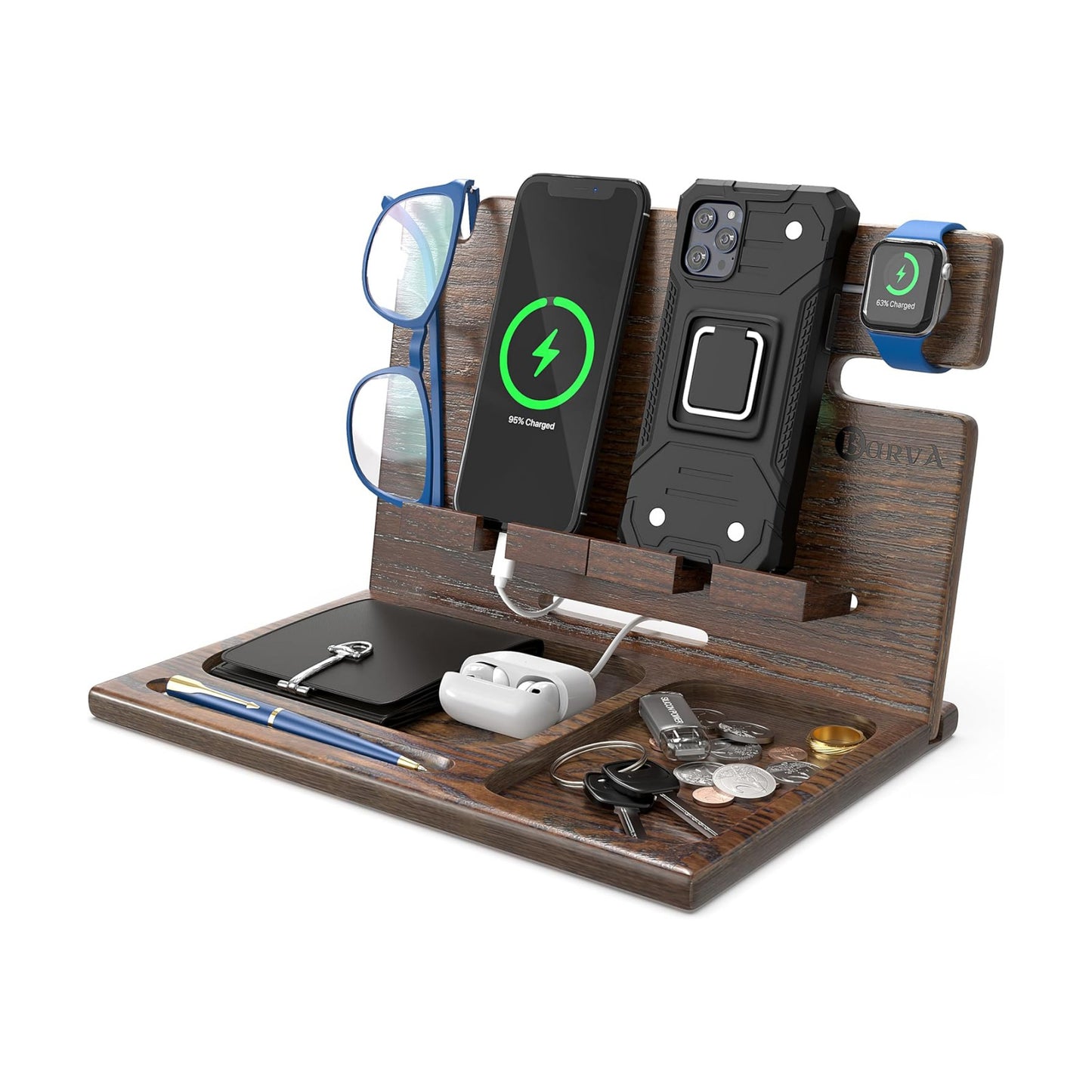 BarvA Two Phone Docking Station | Night Stand Desk Organizer | Wood Nightstand Organizer | Tablet Smart Watch Earbuds