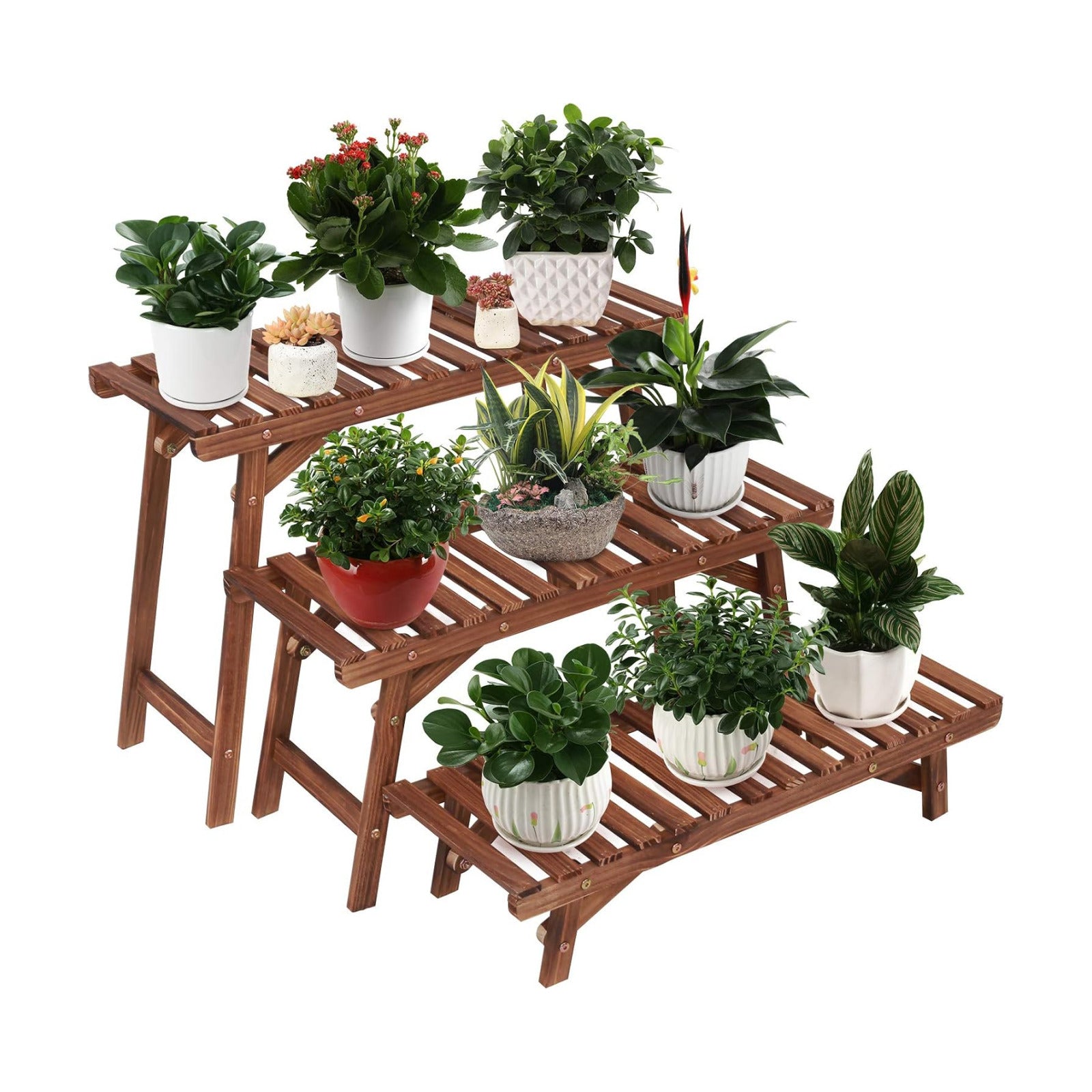 Ufine 3 Tier Ladder Plant Shelf Wood Plant Stand for Indoor Outdoor | Set of 3 Freestanding Plant Display Rack Flower
