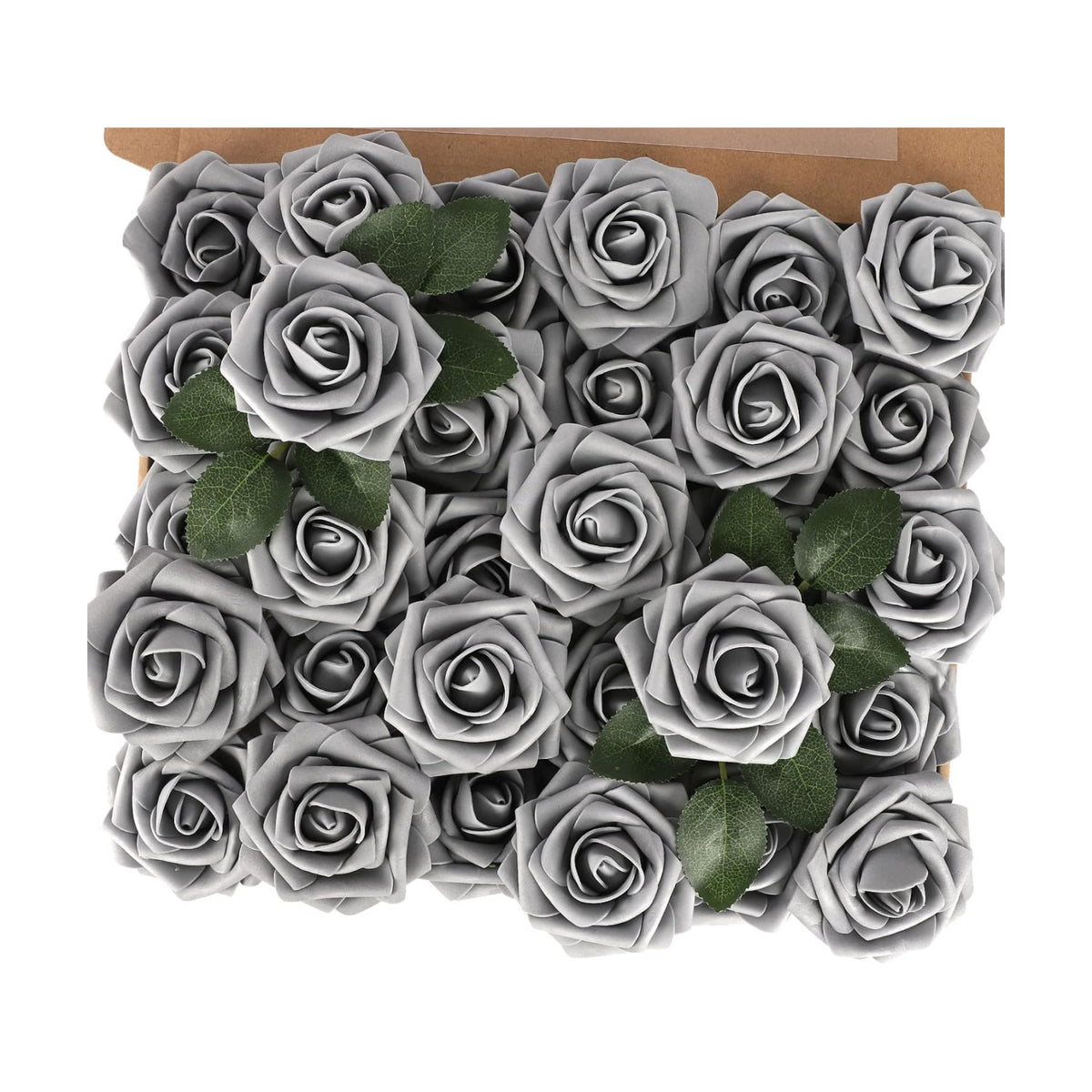 MACTING 30PCS Grey Artificial Roses with Stems, Real Touch Foam Flowers
