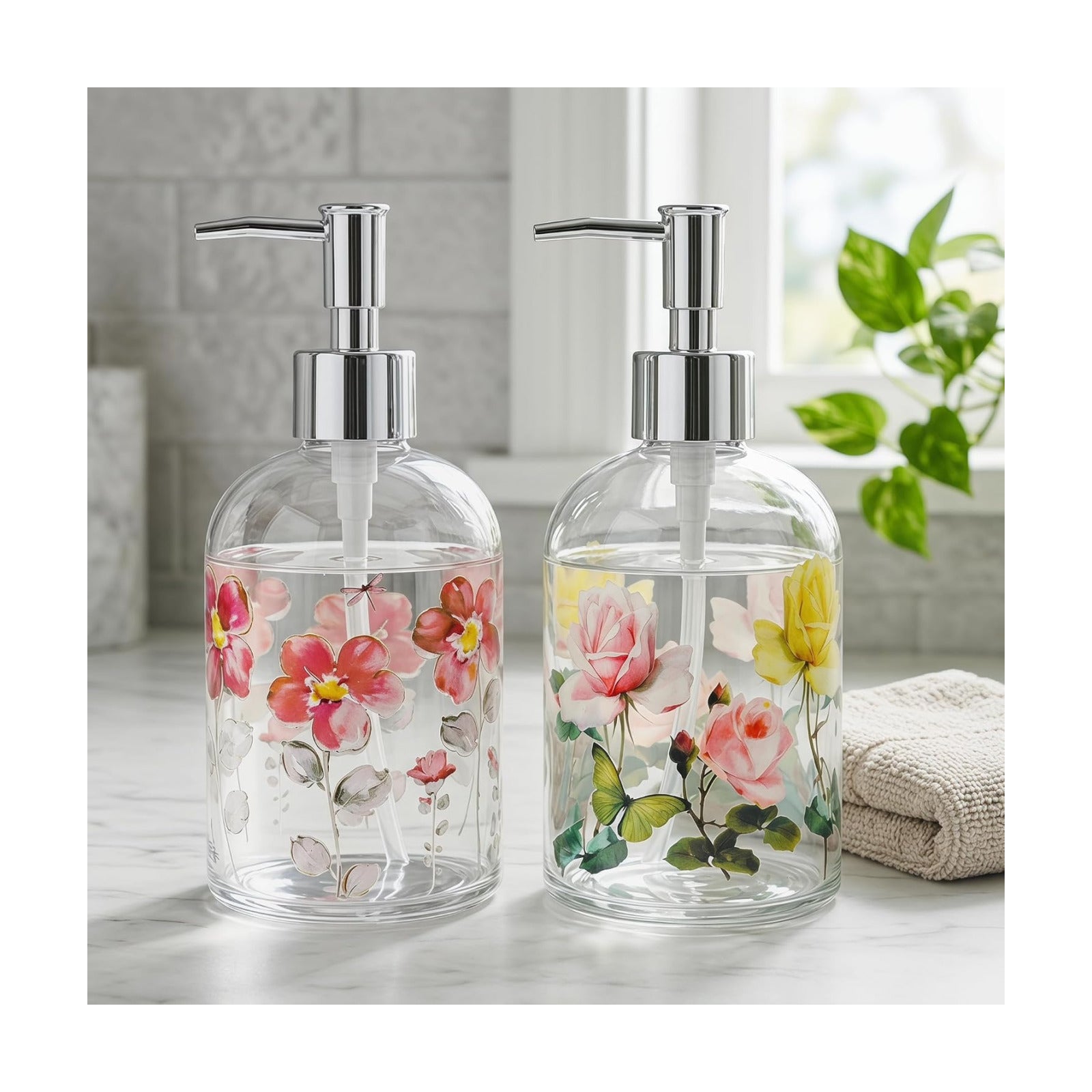 Topadorn 2 Pack Hand and Dish Soap Dispenser Set, Coordinated Floral | 17oz Glass Soap Dispensers with Pump, Refillable