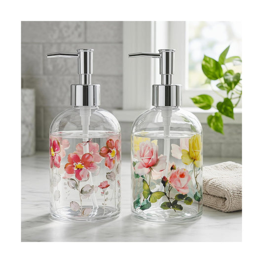 Topadorn 2 Pack Hand and Dish Soap Dispenser Set, Coordinated Floral | 17oz Glass Soap Dispensers with Pump, Refillable