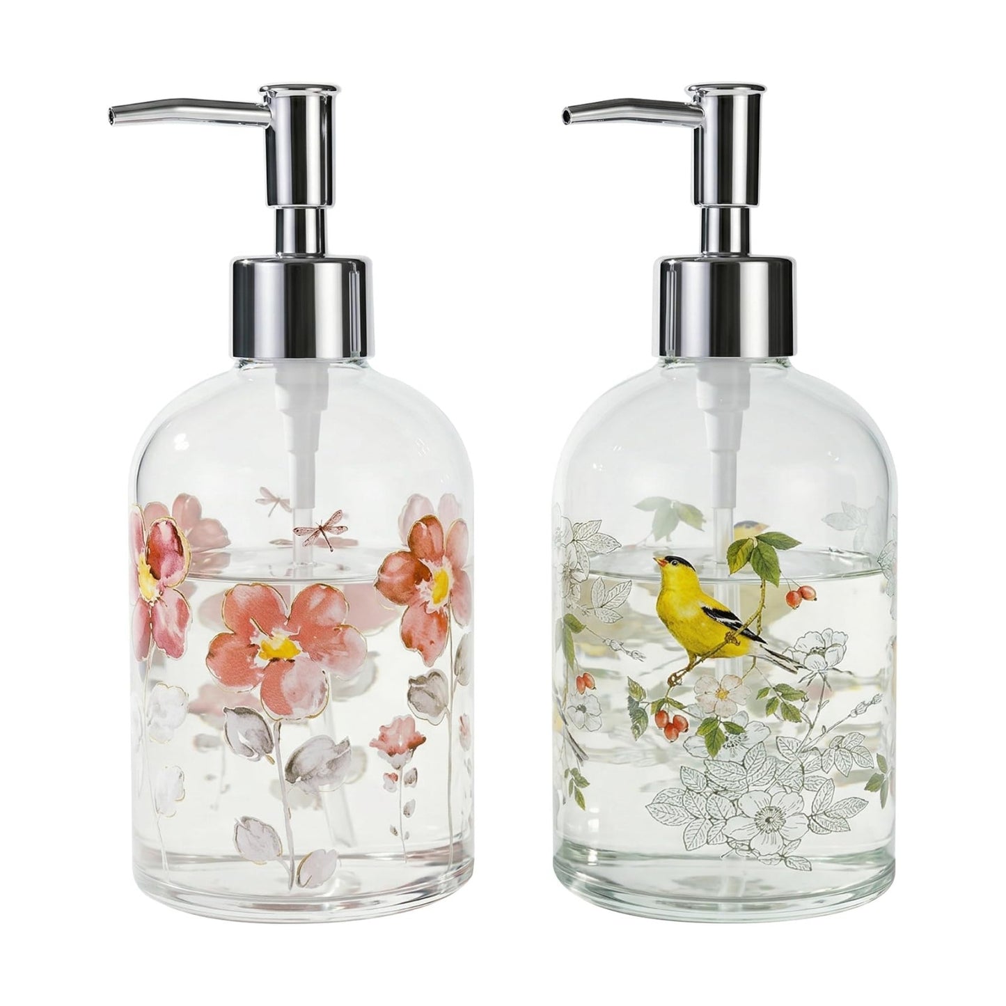 Topadorn 17oz Hand and Dish Soap Dispenser Set, Floral & Goldfinch | 2 Pack Glass Soap Dispensers with Pump, Refillable
